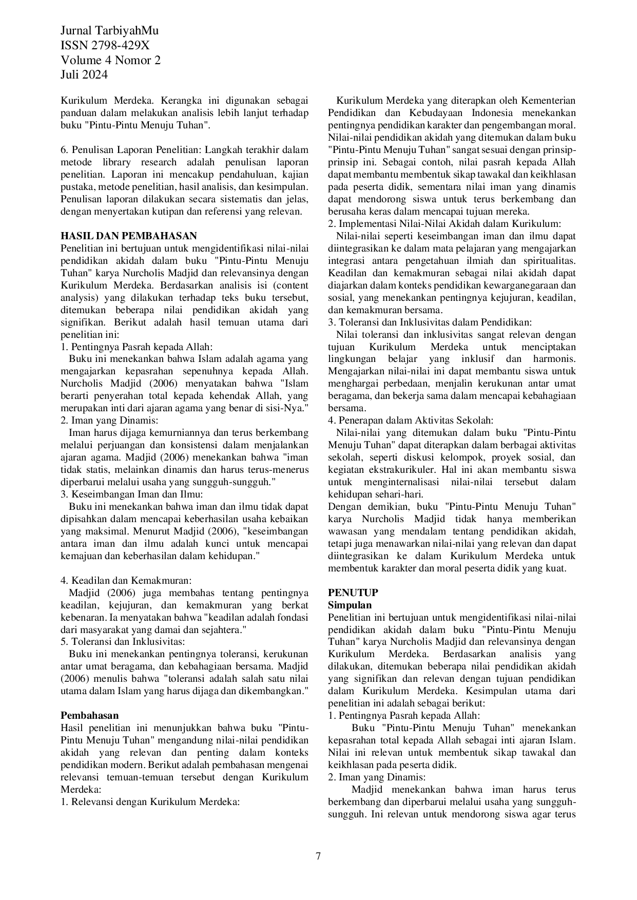 JURIS Relevansi Nilai Nilai Pendidikan Akidah Dalam Buku Pintu Pintu Menuju Tuhan Dengan Kurikulum Merdeka The Relevance of Aqidah Educational Values in the Book Pintu Pintu Menuju Tuhan with the Merde