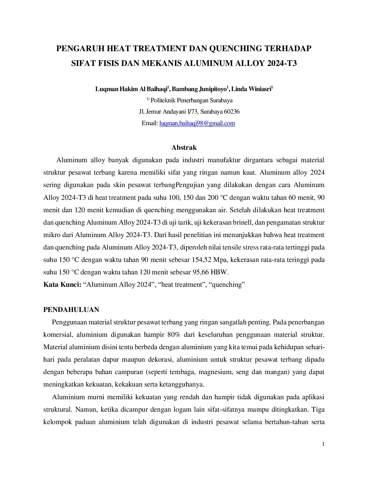 JURIS Pengaruh Heat Treatment Dan Quenching Terhadap Sifat Fisis Dan Mekanis Aluminum Alloy 2024 t3