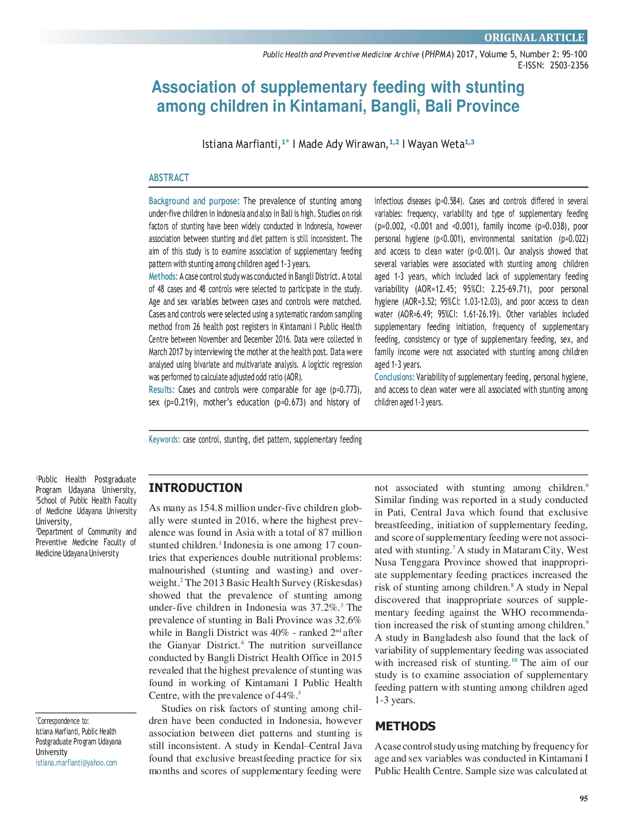 JURIS Association of supplementary feeding with stunting among children in Kintamani Bangli Bali Province