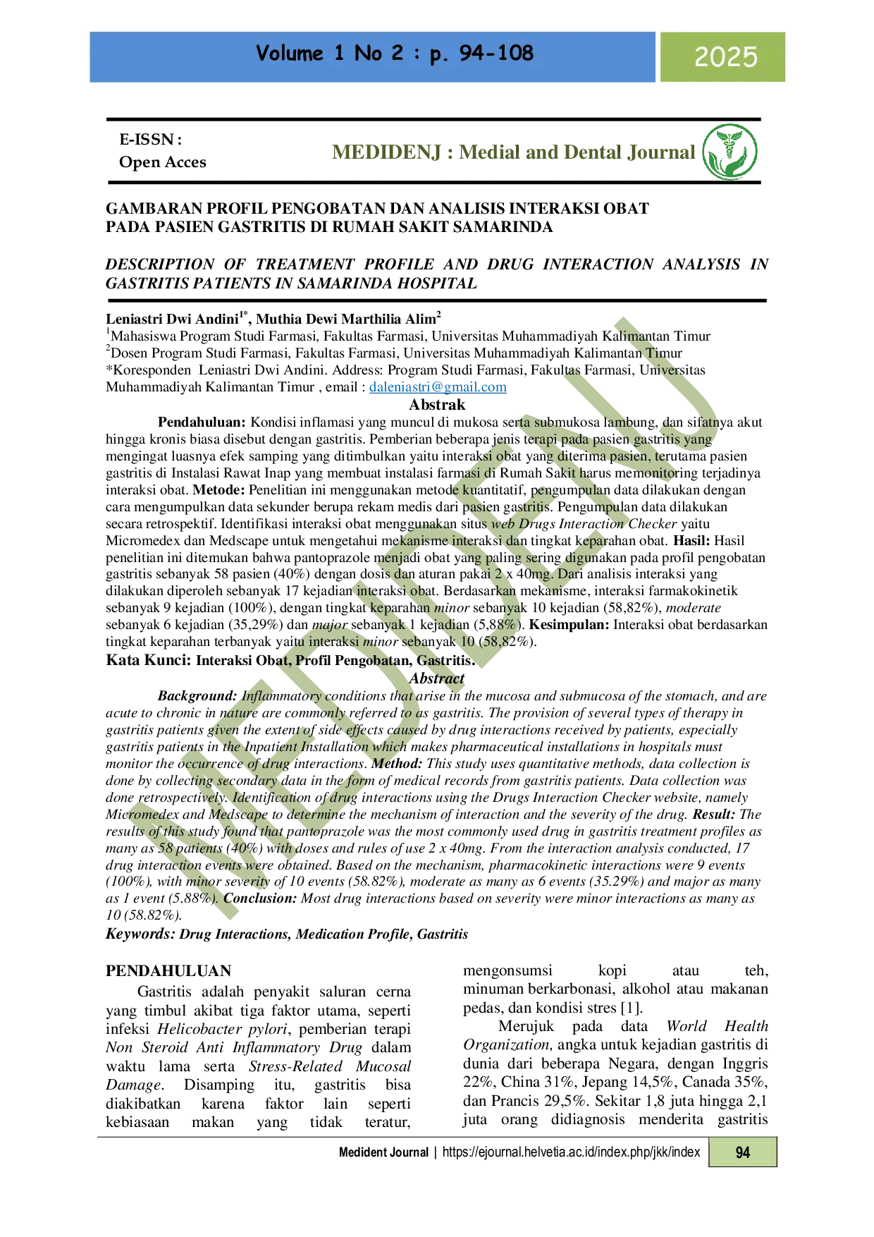 JURIS Gambaran Profil Pengobatan dan Analisis Interaksi Obat pada Pasien Gastritis di Rumah Sakit Samarinda