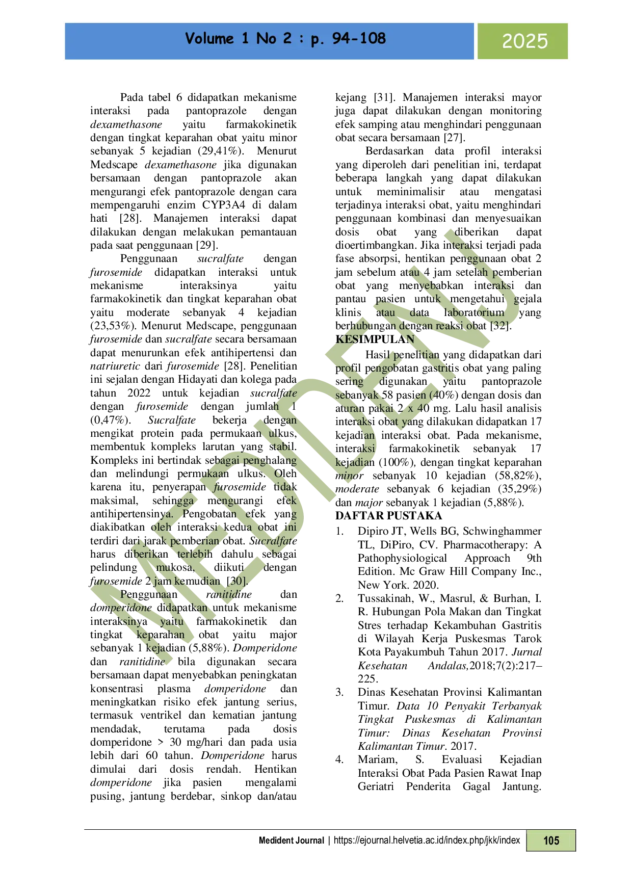 JURIS Gambaran Profil Pengobatan dan Analisis Interaksi Obat pada Pasien Gastritis di Rumah Sakit Samarinda