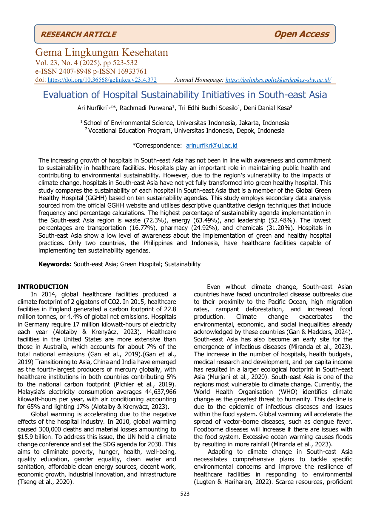 JURIS Evaluation of Hospital Sustainability Initiatives in South east Asia