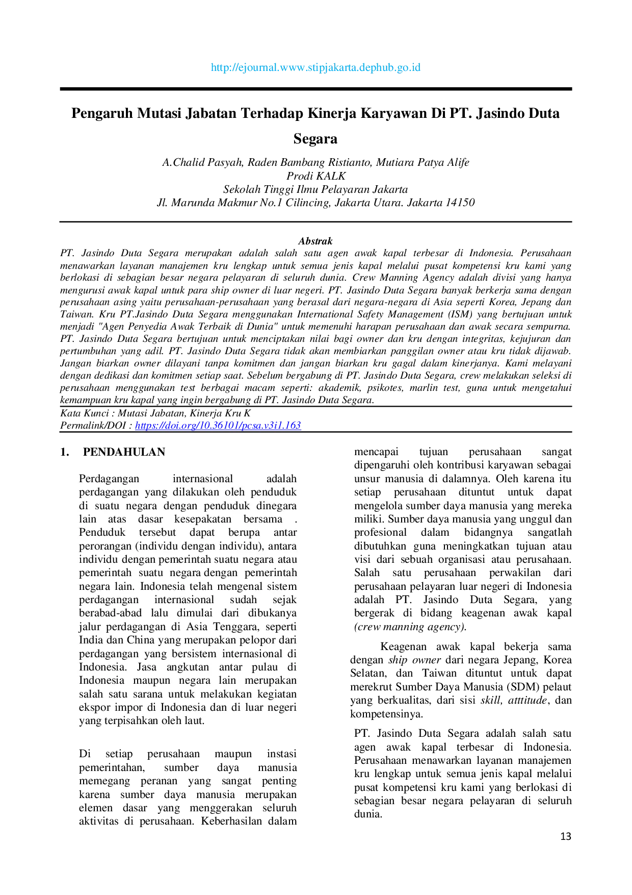 JURIS Pengaruh Mutasi Jabatan Terhadap Kinerja Karyawan Di PT Jasindo Duta Segara