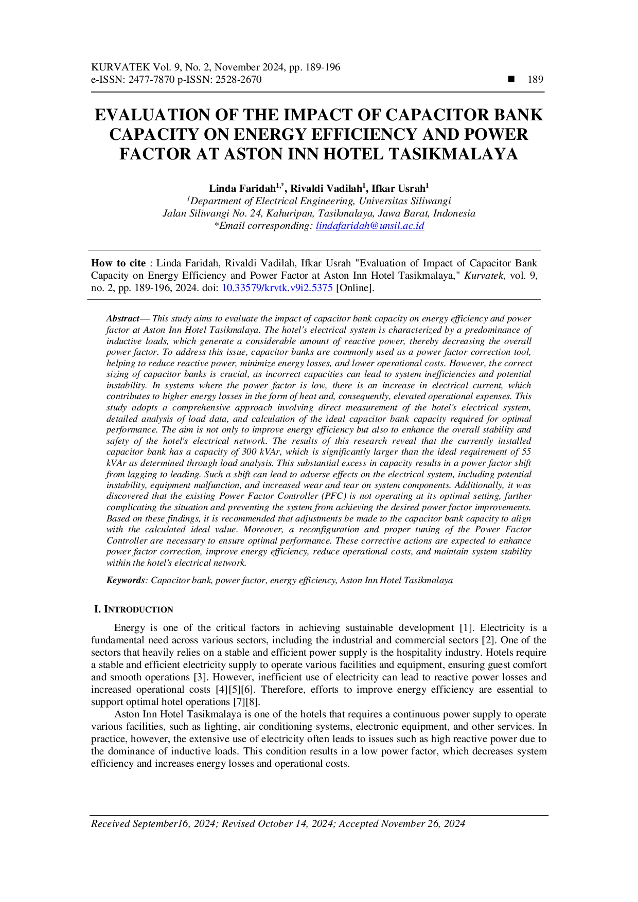 JURIS Evaluasi Dampak Kapasitas Bank Kapasitor terhadap Efisiensi Energi dan Faktor Daya di Aston Inn Hotel Tasikmalaya