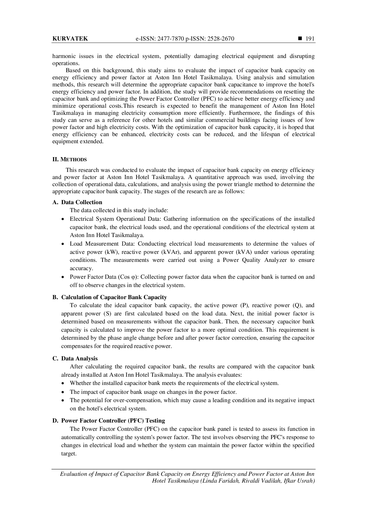 JURIS Evaluasi Dampak Kapasitas Bank Kapasitor terhadap Efisiensi Energi dan Faktor Daya di Aston Inn Hotel Tasikmalaya