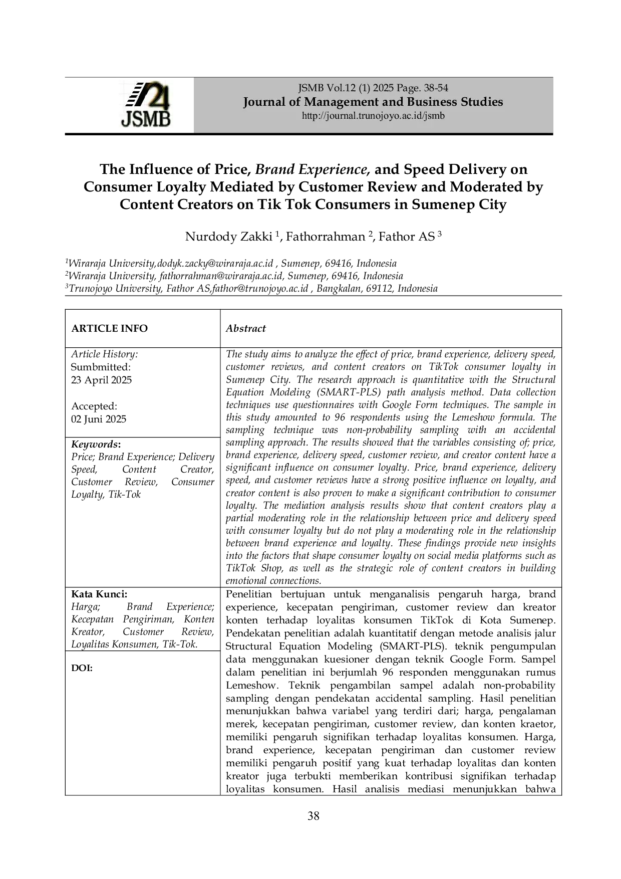 JURIS Pengaruh Harga Brand Experience Dan Kecepatan Pengiriman Terhadap Loyalitas Konsumen Dimediasi Customer Review Dan Di Moderasi Konten Kreator Pada Konsumen Tik Tok Di Kota Sumenep