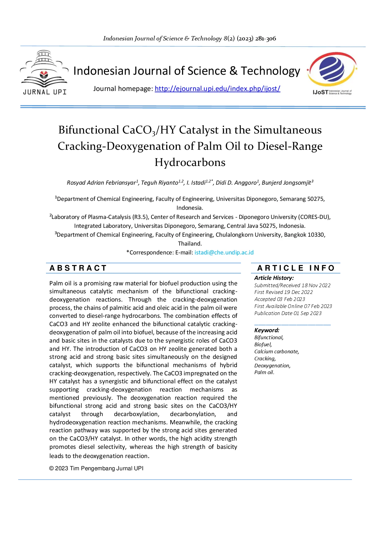 juris Bifunctional CaCO3 HY Catalyst in the Simultaneous Cracking Deoxygenation of Palm Oil to Diesel Range Hydrocarbons