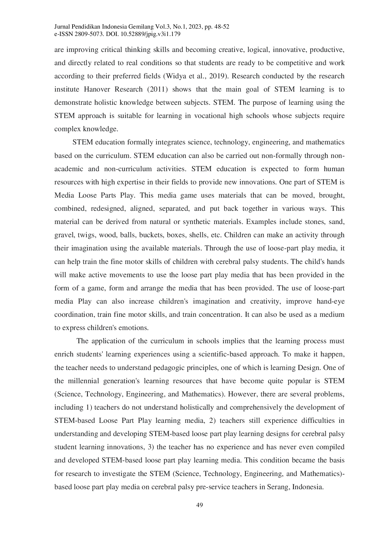 juris Implementation of Loose Part Play STEM Science Technology Engineering and Mathematics Media on STEM Understanding of Pre service Teachers A Case Study in Serang City Indonesia