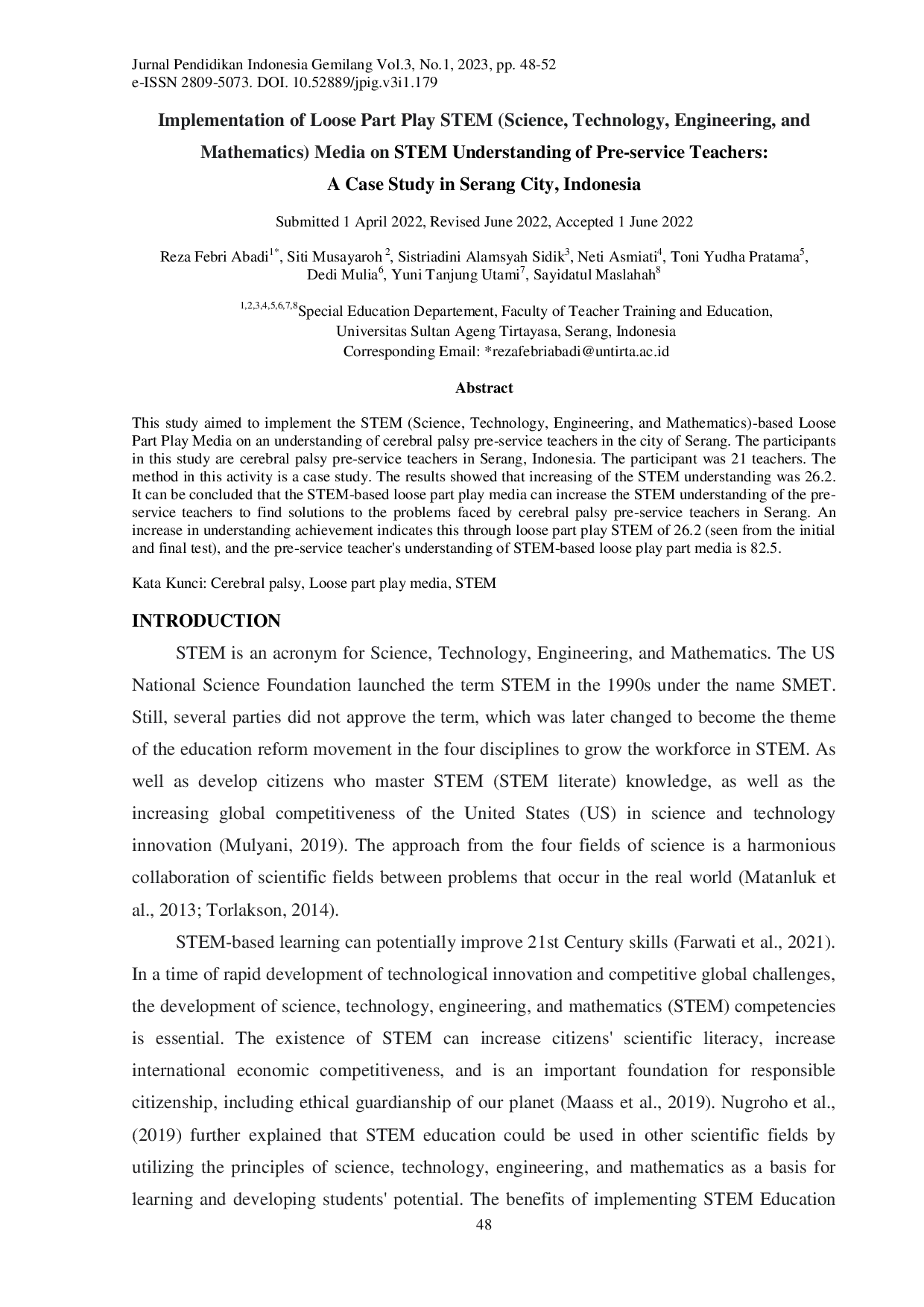 juris Implementation of Loose Part Play STEM Science Technology Engineering and Mathematics Media on STEM Understanding of Pre service Teachers A Case Study in Serang City Indonesia