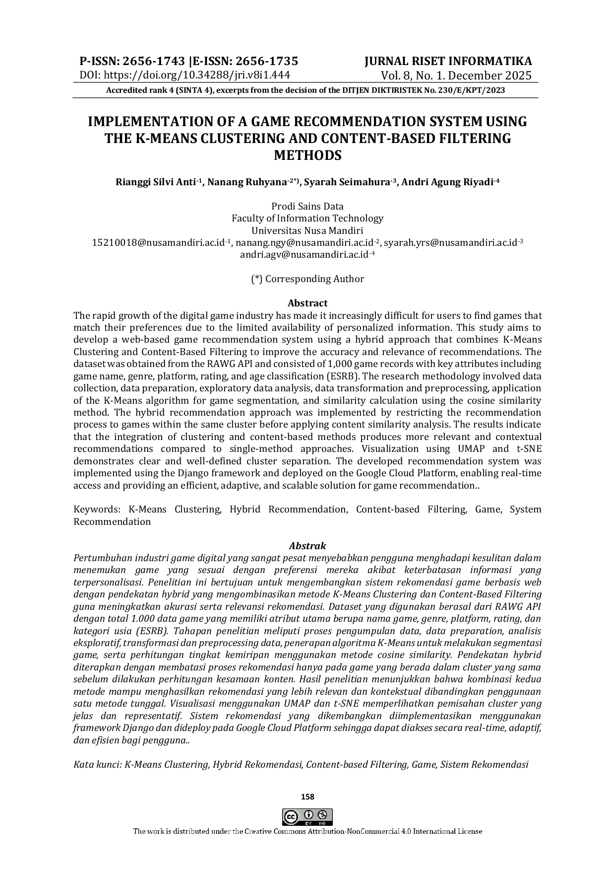 JURIS Implementation Of A Game Recommendation System Using The K Means Clustering And Content Based Filtering Methods