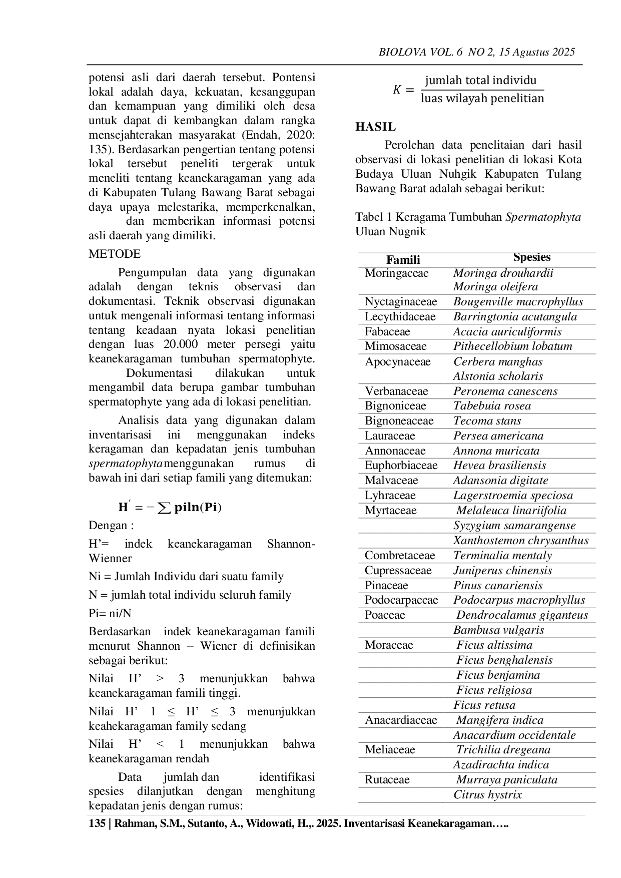 JURIS Inventarisasi Keanekaragaman Spermatophyta di Kota Budaya Uluan Nughik Kabupaten Tulang Bawang Barat
