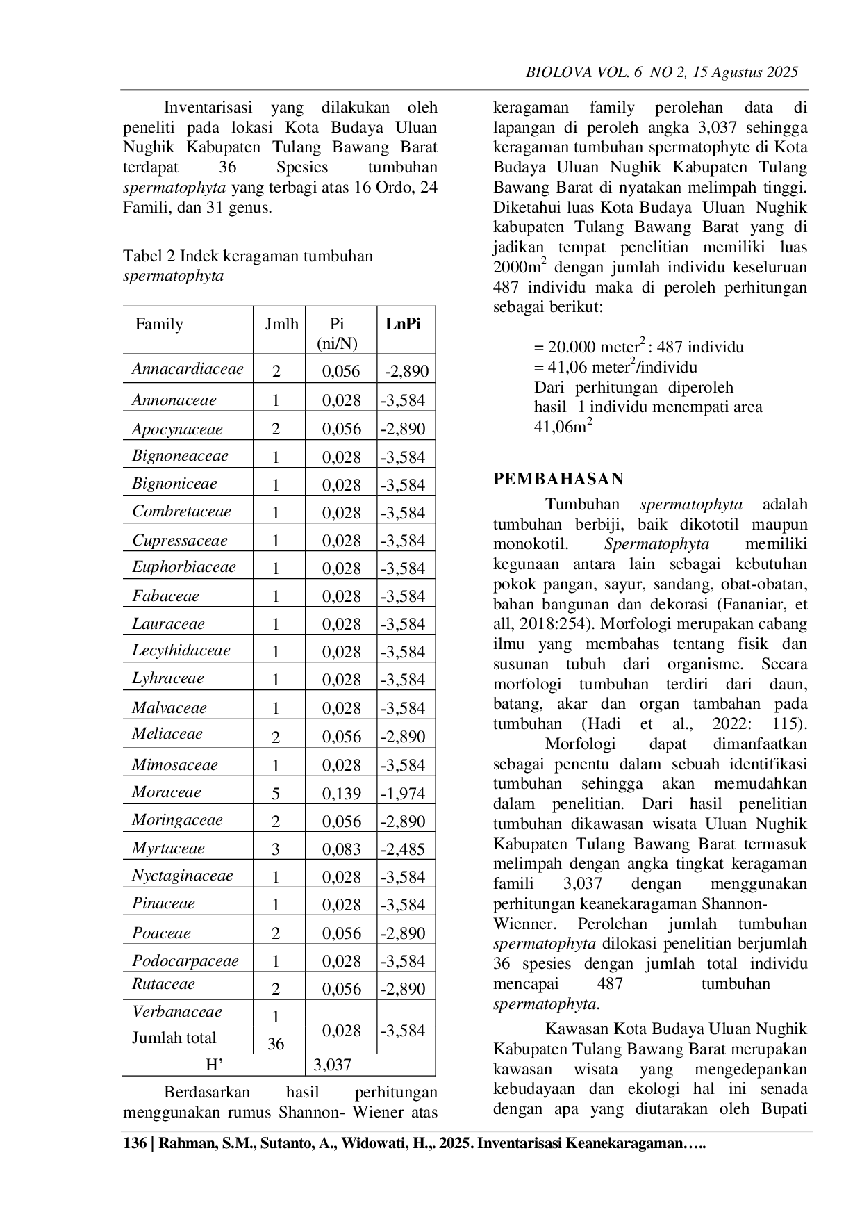 JURIS Inventarisasi Keanekaragaman Spermatophyta di Kota Budaya Uluan Nughik Kabupaten Tulang Bawang Barat