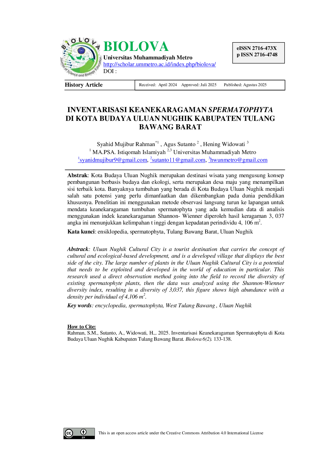 JURIS Inventarisasi Keanekaragaman Spermatophyta di Kota Budaya Uluan Nughik Kabupaten Tulang Bawang Barat