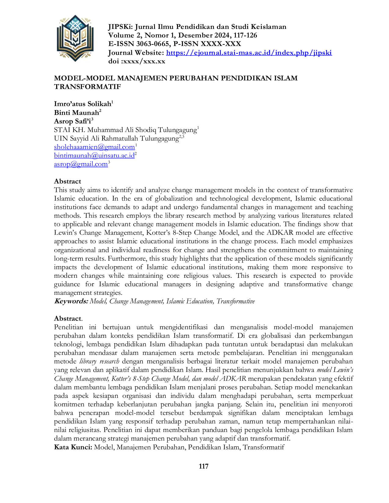 JURIS Model Model Manajemen Perubahan Pendidikan Islam Transformatif