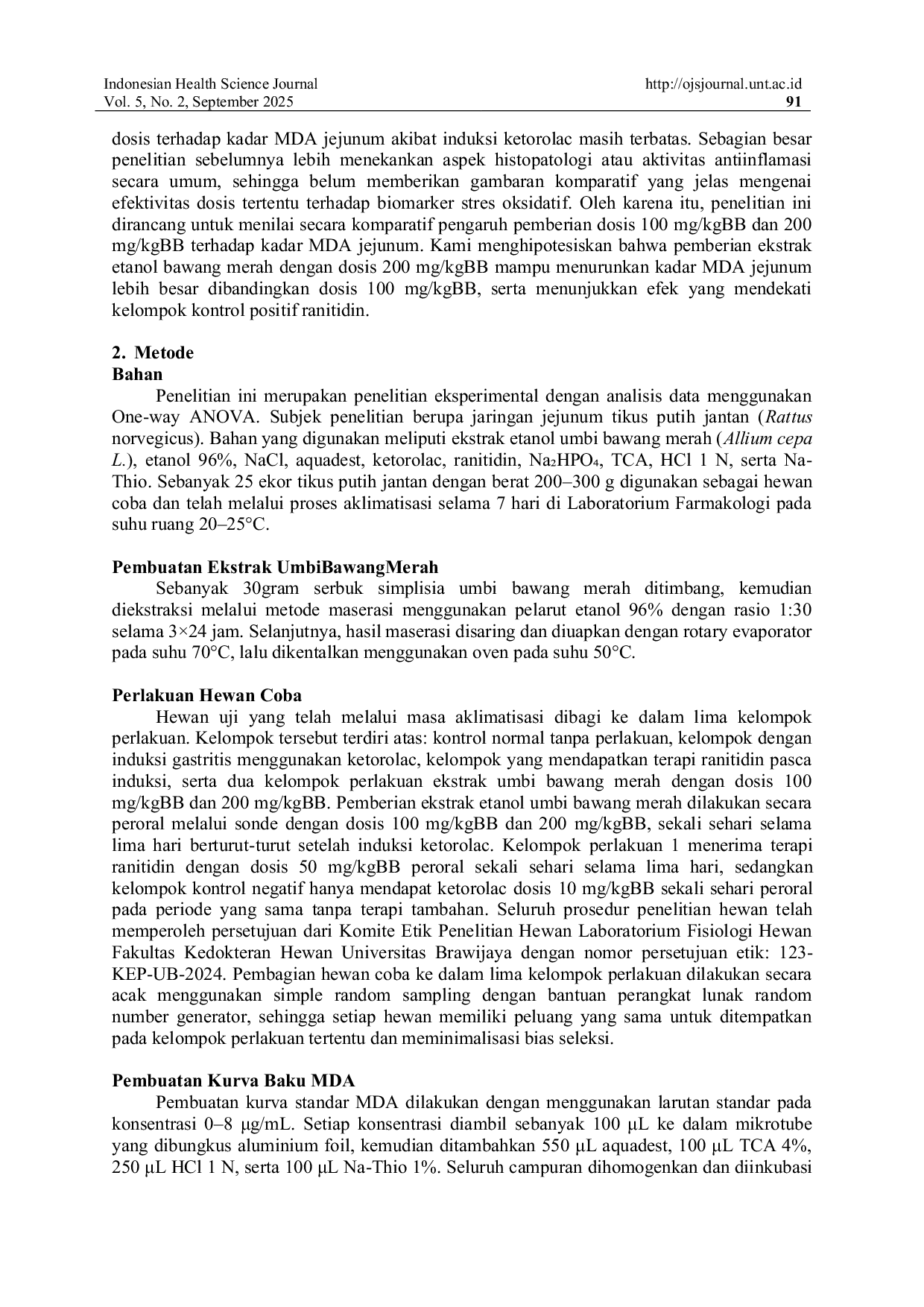 JURIS Pengaruh Ekstrak Bawang Merah Terhadap Kadar Malondialdehid Jejunum Tikus Putih Rattus Norvegicus yang Diinduksi dengan Ketorolac
