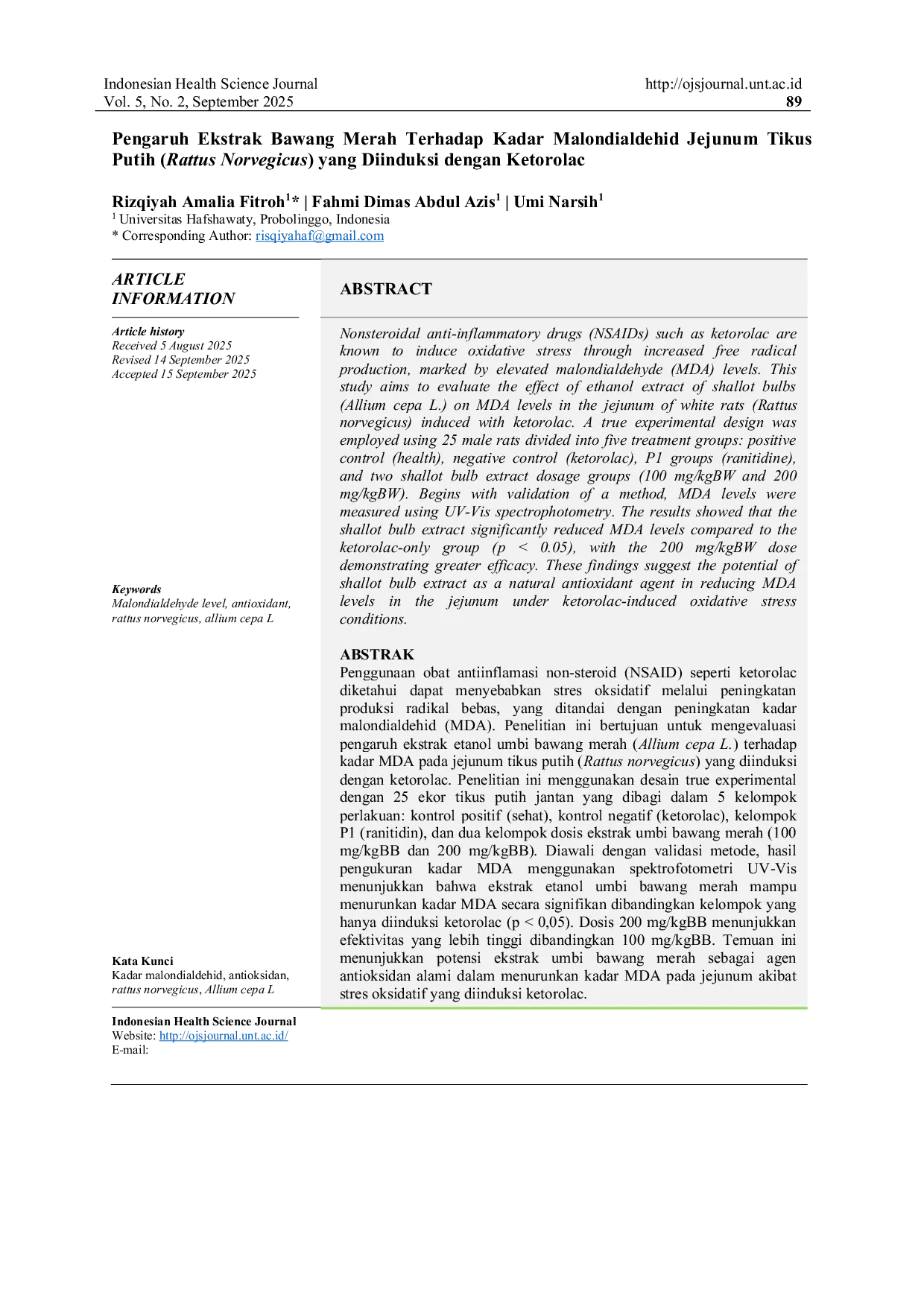 JURIS Pengaruh Ekstrak Bawang Merah Terhadap Kadar Malondialdehid Jejunum Tikus Putih Rattus Norvegicus yang Diinduksi dengan Ketorolac