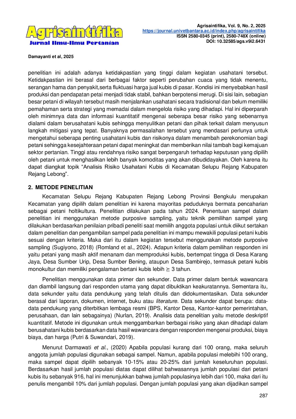 JURIS Analisis Risiko Usahatani Kubis di Kecamatan Selupu Rejang Kabupaten Rejang Lebong