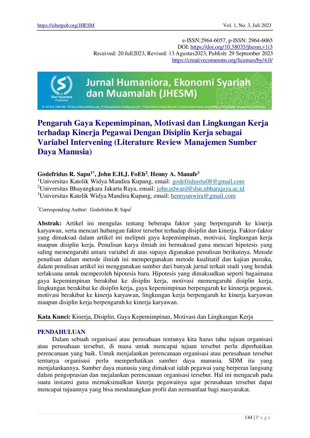 JURIS Pengaruh Gaya Kepemimpinan Motivasi dan Lingkungan Kerja terhadap Kinerja Pegawai Dengan Disiplin Kerja sebagai Variabel Intervening Literature Review Manajemen Sumber Daya Manusia