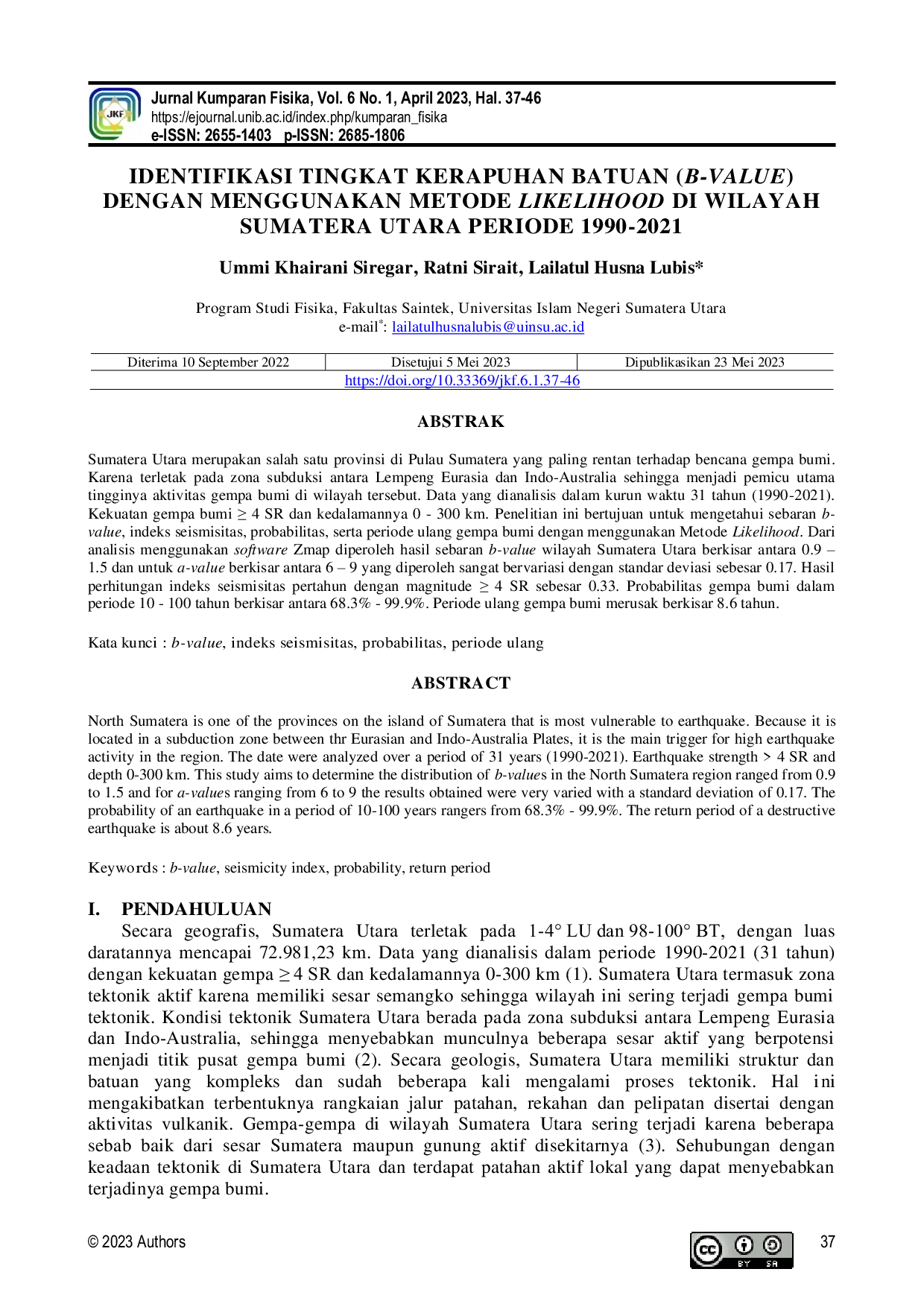 JURIS Identifikasi Tingkat Kerapuhan Batuan B Value Dengan Menggunakan Metode Likelihood Di Wilayah Sumatera Utara Periode 1990 2021
