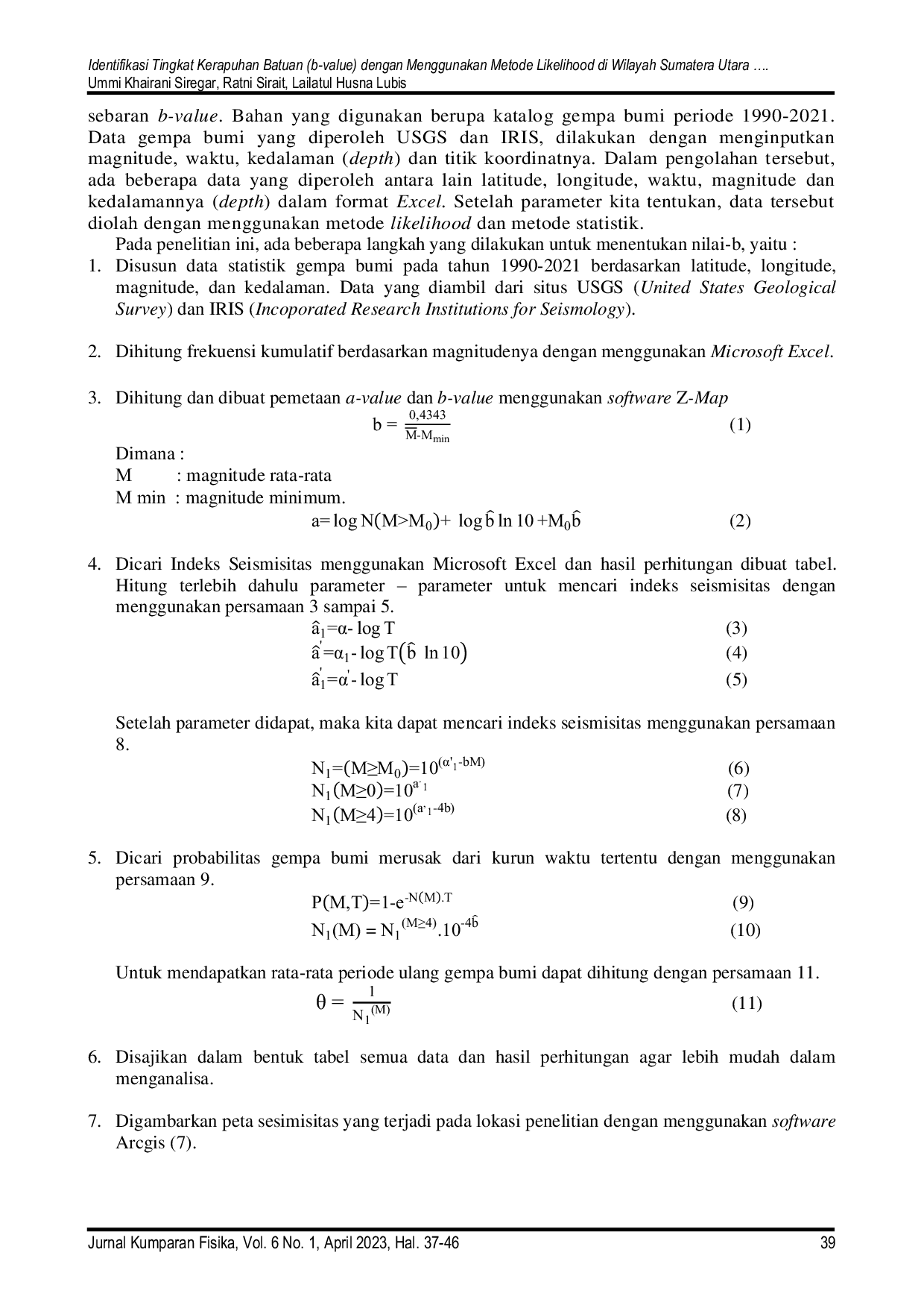 JURIS Identifikasi Tingkat Kerapuhan Batuan B Value Dengan Menggunakan Metode Likelihood Di Wilayah Sumatera Utara Periode 1990 2021