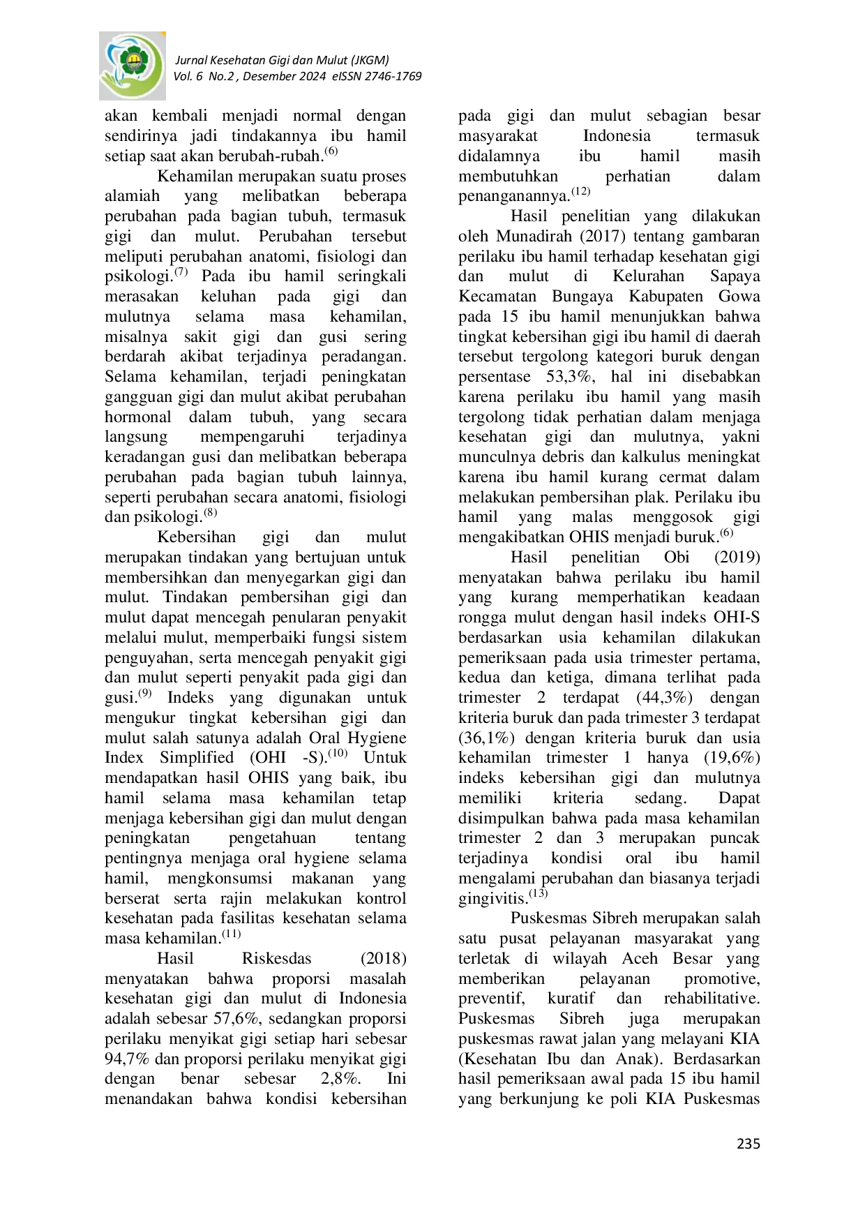 JURIS Hubungan Perilaku Ibu Hamil Dengan Status Kebersihan Gigi Dan Mulut Di Puskesmas Sibreh Aceh Besar