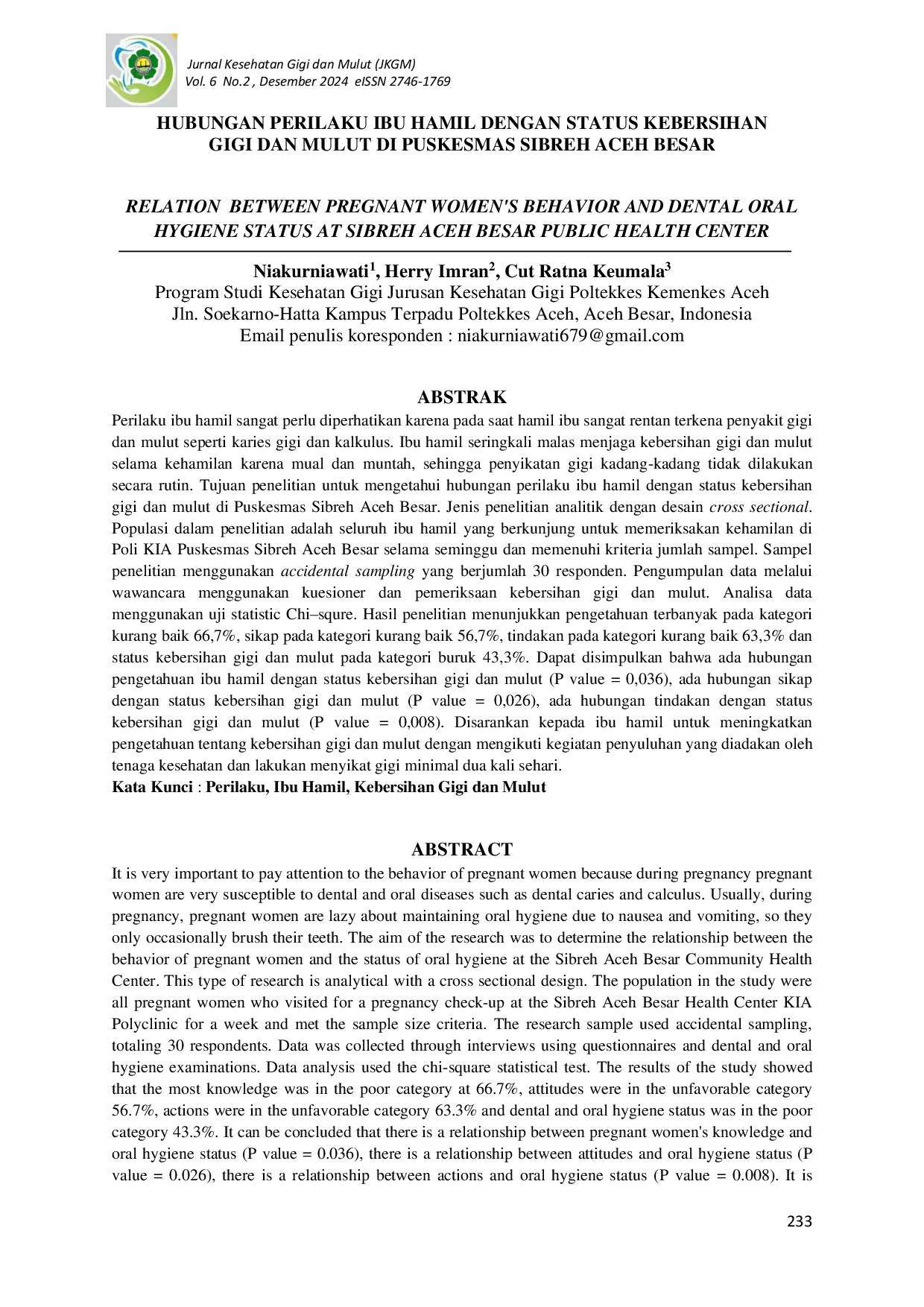 JURIS Hubungan Perilaku Ibu Hamil Dengan Status Kebersihan Gigi Dan Mulut Di Puskesmas Sibreh Aceh Besar