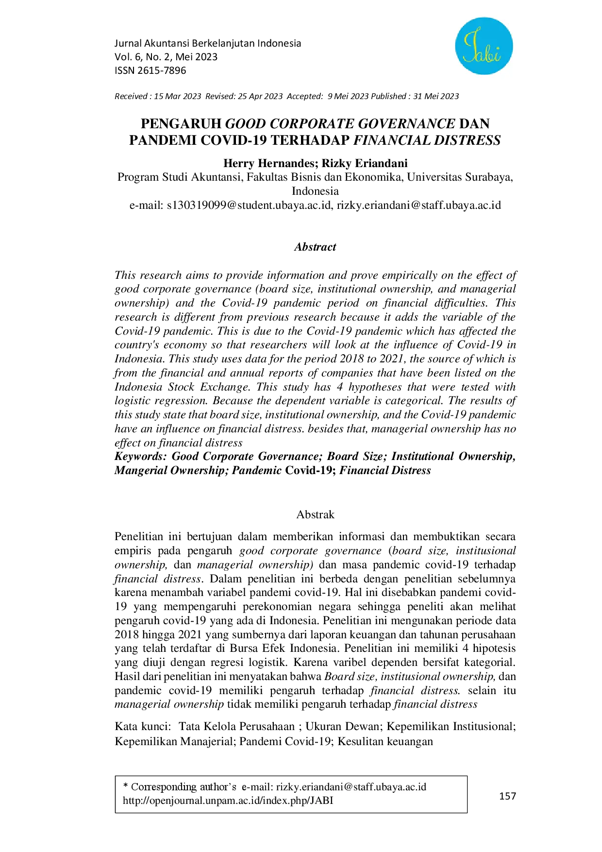 juris Pengaruh Good Corporate Governance dan Pandemi Covid 19 terhadap Financial Distress