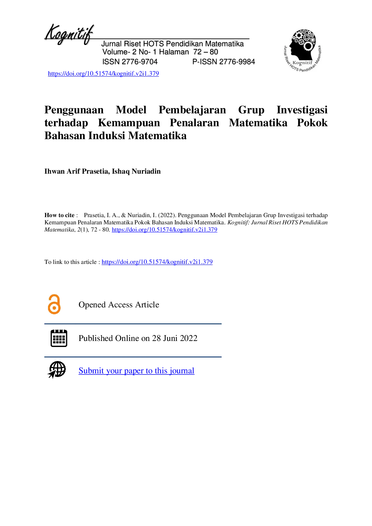 juris Penggunaan Model Pembelajaran Grup Investigasi Terhadap Kemampuan Penalaran Matematika Pokok Bahasan Induksi Matematika