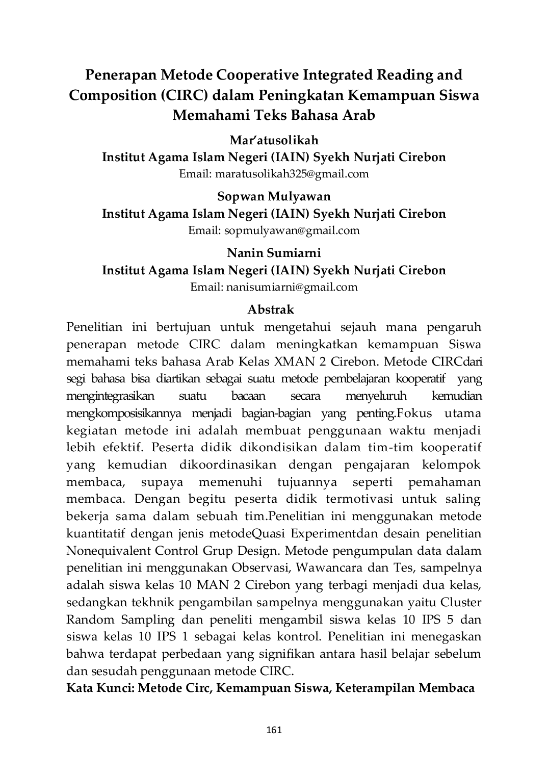 JURIS Penerapan Metode Cooperative Integrated Reading and Composition CIRC dalam Peningkatan Kemampuan Siswa Memahami Teks Bahasa Arab