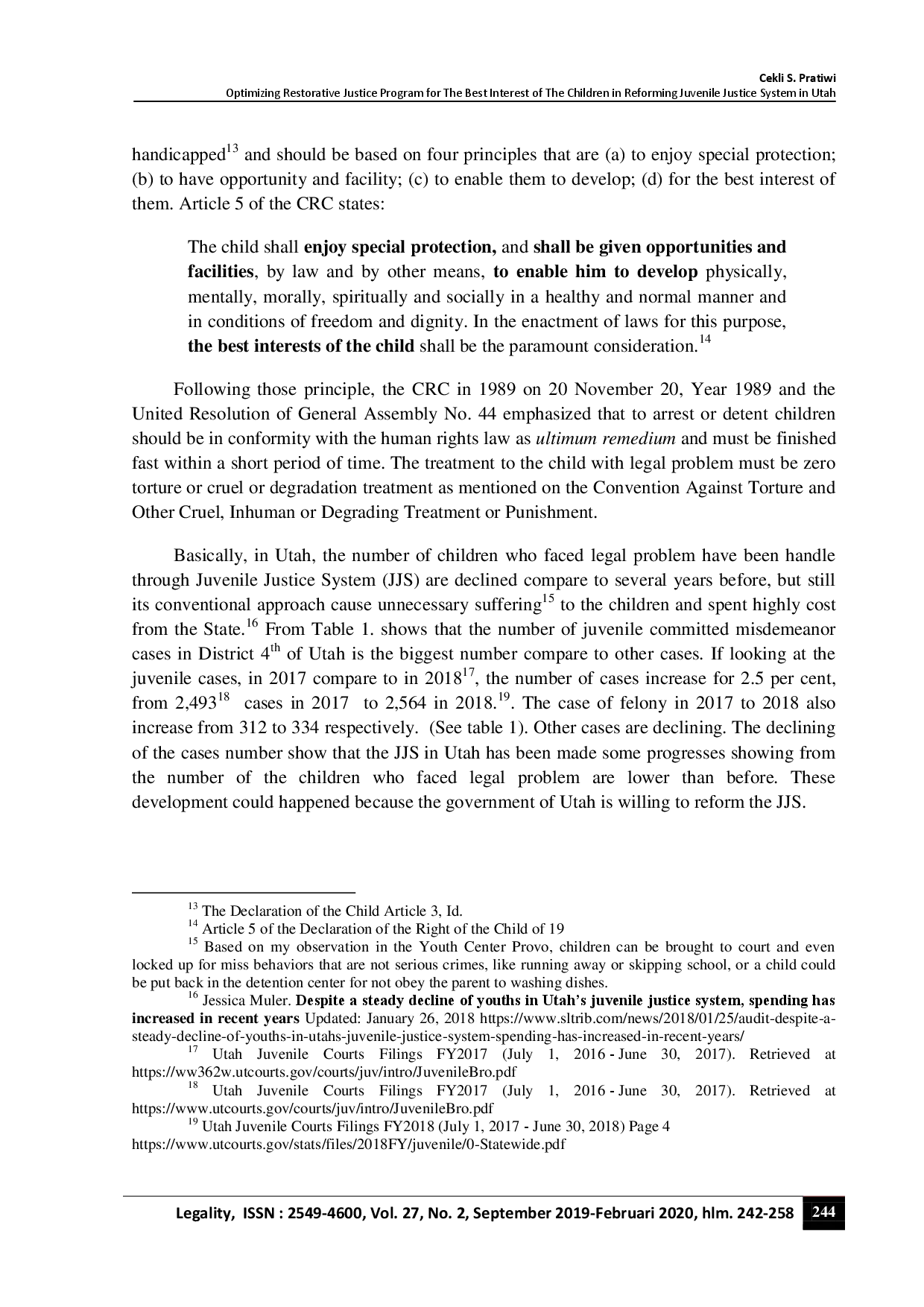 juris Optimizing Restorative Justice Program for the Best Interest of the Children in Reforming Juvenile Justice System in Utah