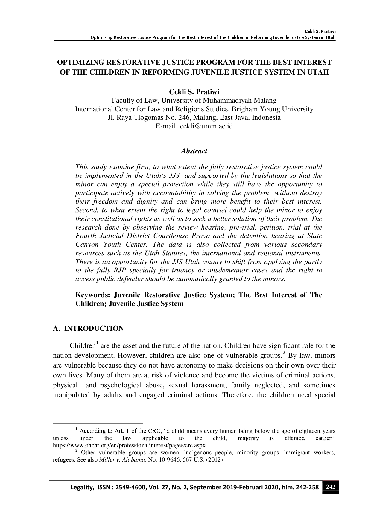 juris Optimizing Restorative Justice Program for the Best Interest of the Children in Reforming Juvenile Justice System in Utah