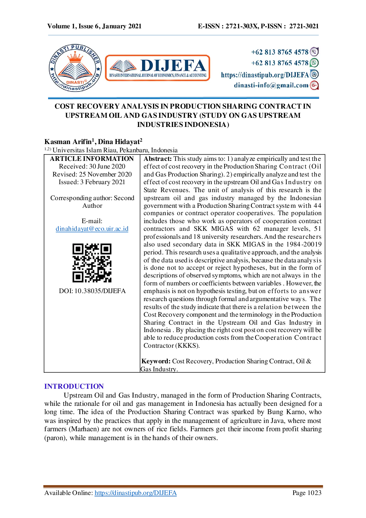 juris Cost Recovery Analysis In Production Sharing Contract In Upstream Oil And Gas Industry Study On Gas Upstream Industries Indonesia