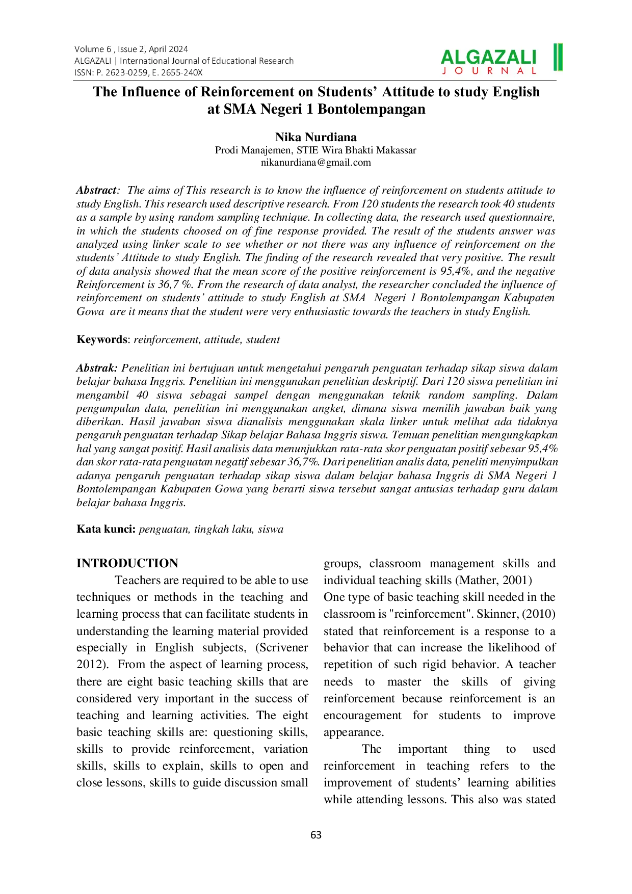 JURIS The Influence of Reinforcement on Students Attitude to study English at SMA Negeri 1 Bontolempangan