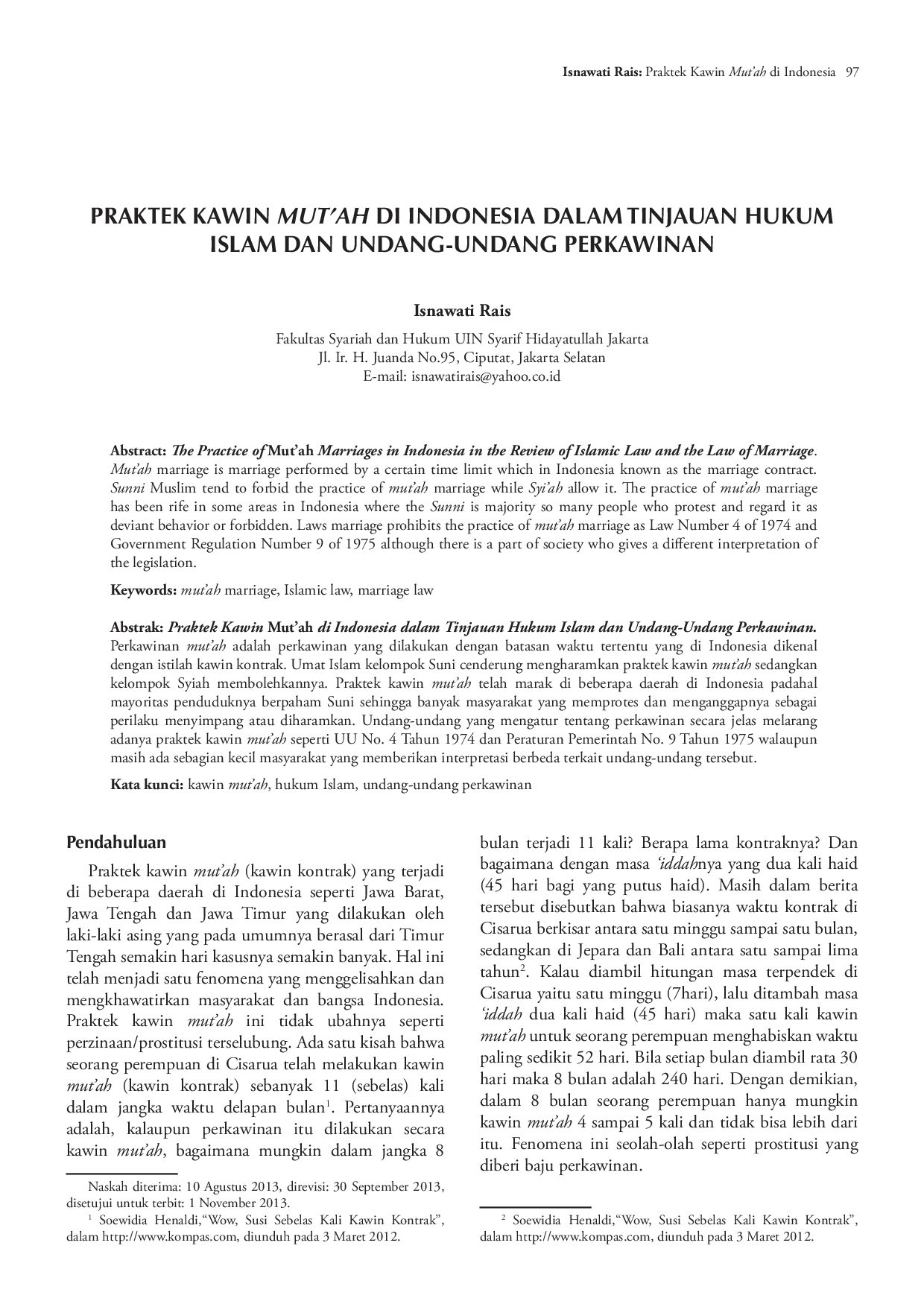 juris Praktek Kawin Mut Ah Di Indonesia Dalam Tinjauan Hukum Islam Dan Undang Undang Perkawinan