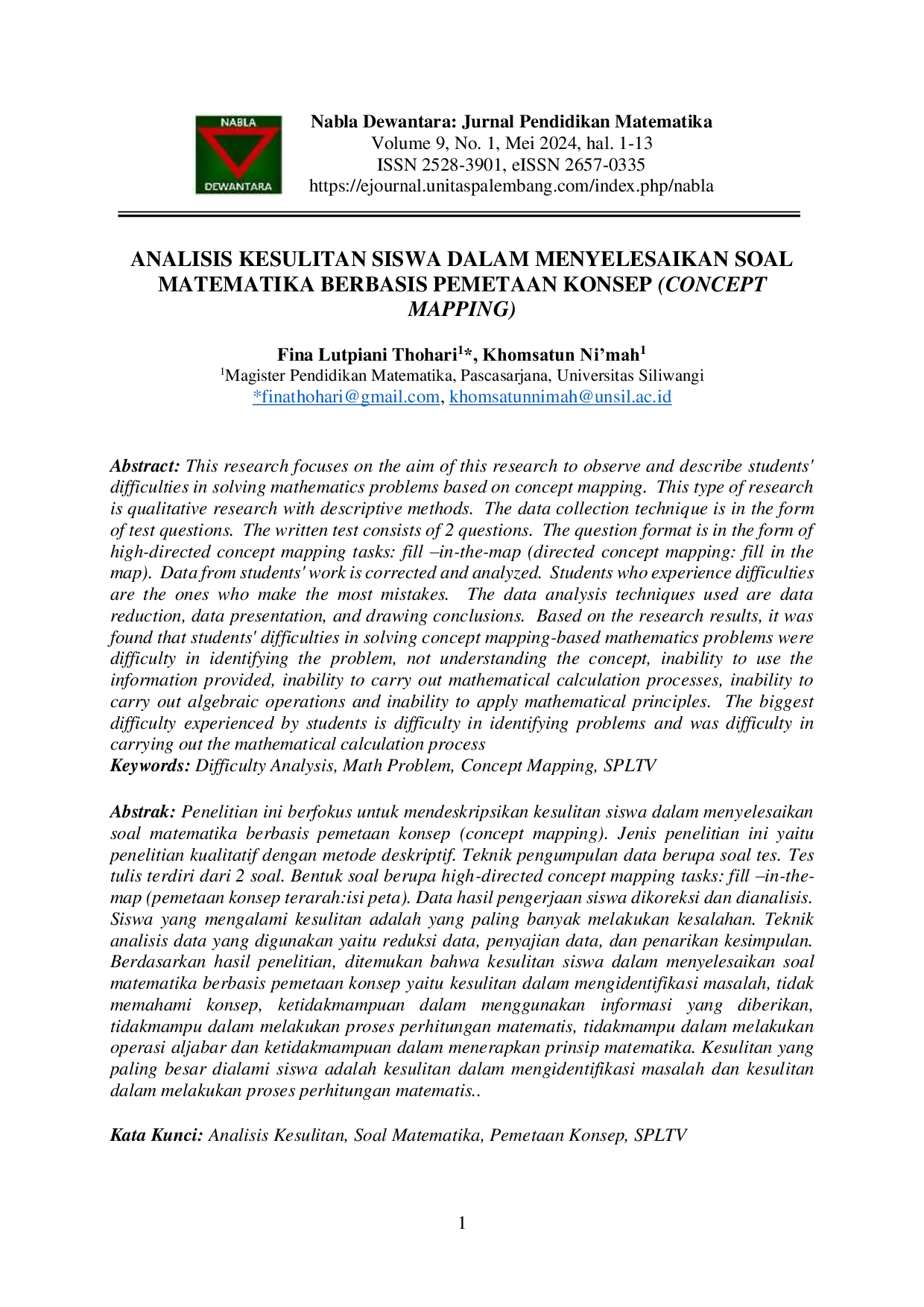 JURIS Analisis Kesulitan Siswa Dalam Menyelesaikan Soal Matematika Berbasis Pemetaan Konsep Concept Mapping