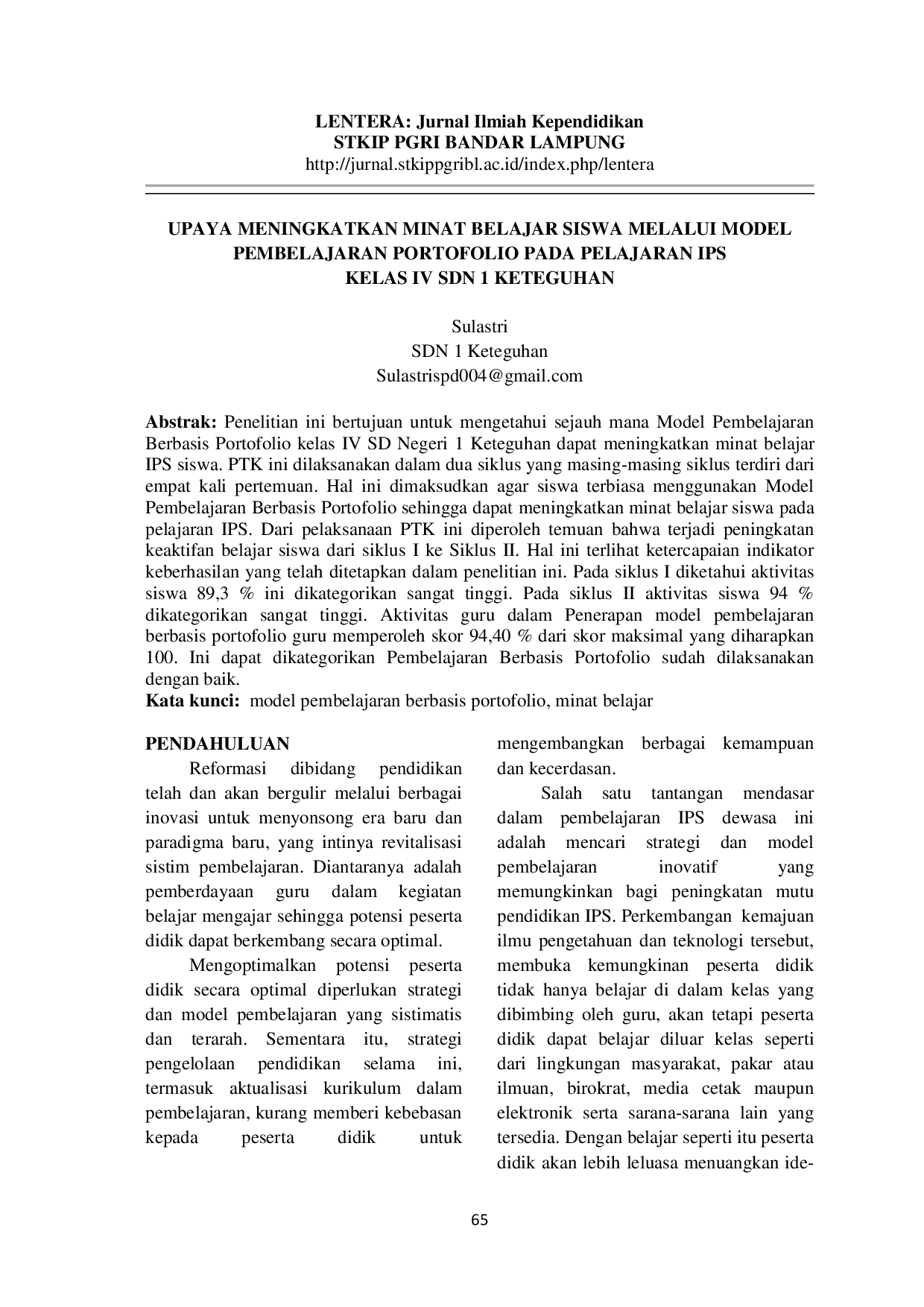 JURIS Upaya Meningkatkan Minat Belajar Siswa Melalui Model Pembelajaran Portofolio Pada Pelajaran Ips Kelas Iv Sdn 1 Keteguhan