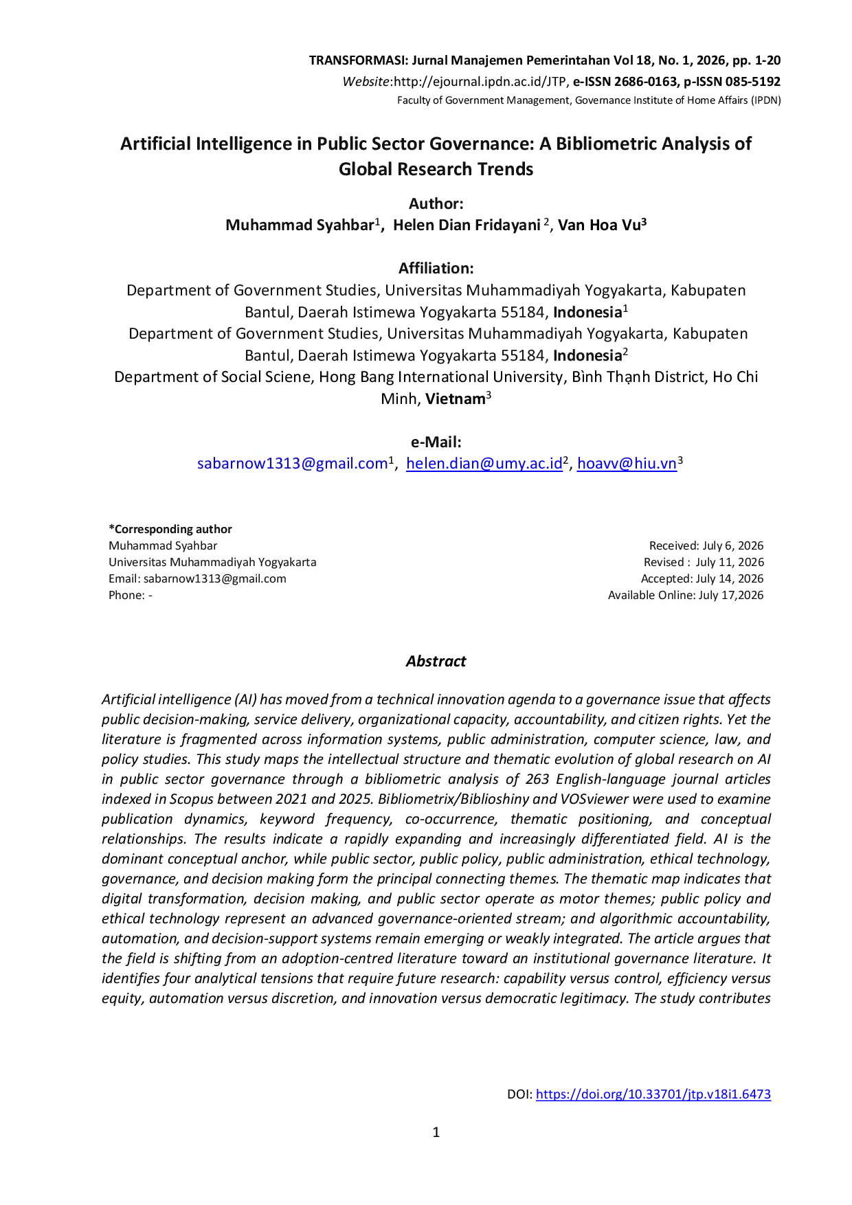 JURIS Artificial Intelligence in Public Sector Governance A Bibliometric Analysis of Global Research Trends