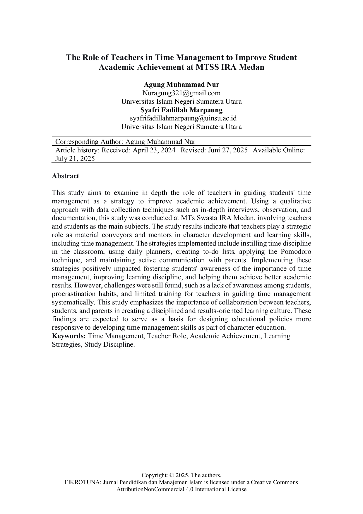 JURIS The Role of Teachers in Time Management to Improve Student Academic Achievement at MTSS IRA Medan