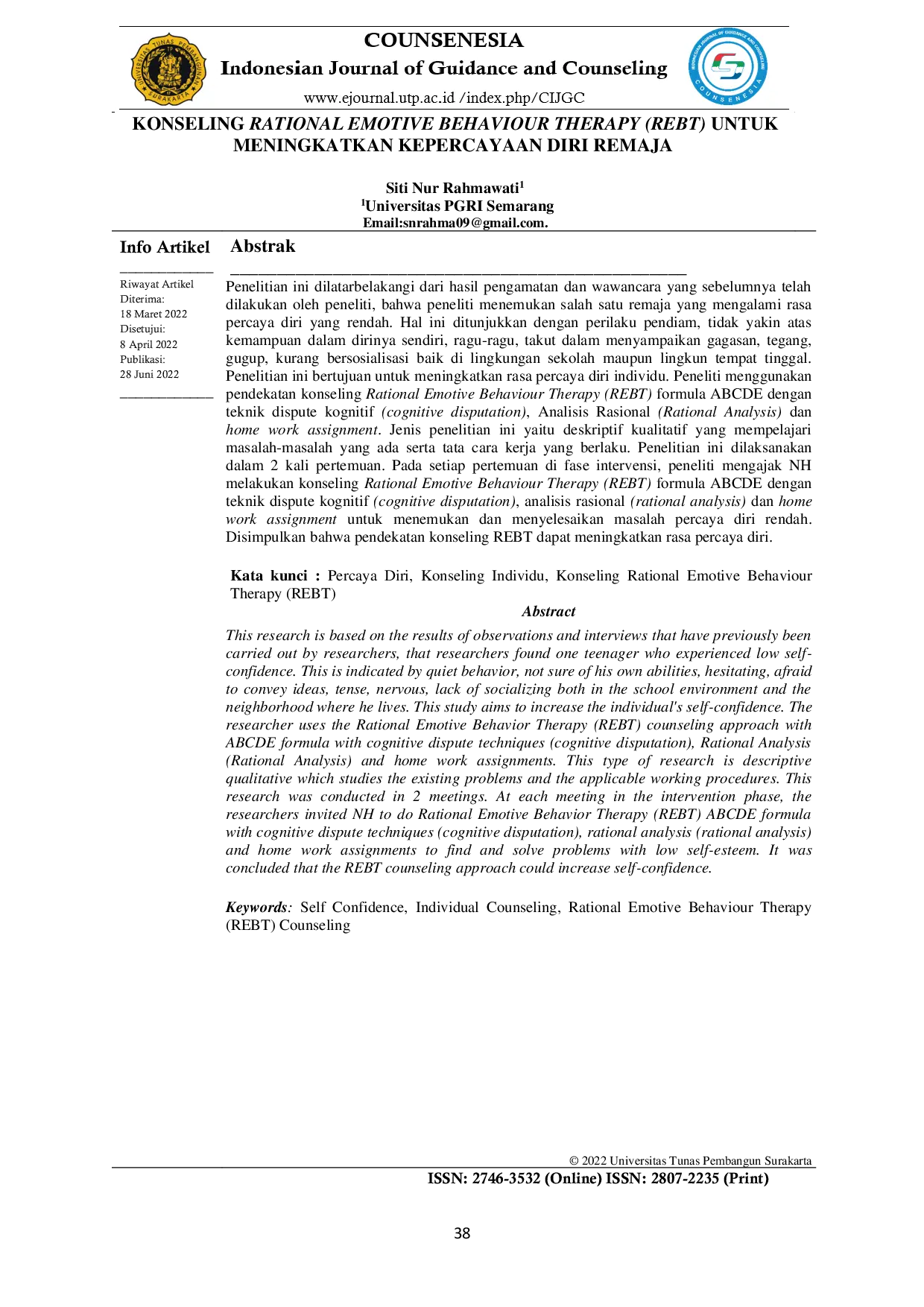 JURIS Konseling Rational Emotive Behaviour Therapy REBT untuk Meningkatkan Kepercayaan Diri Remaja
