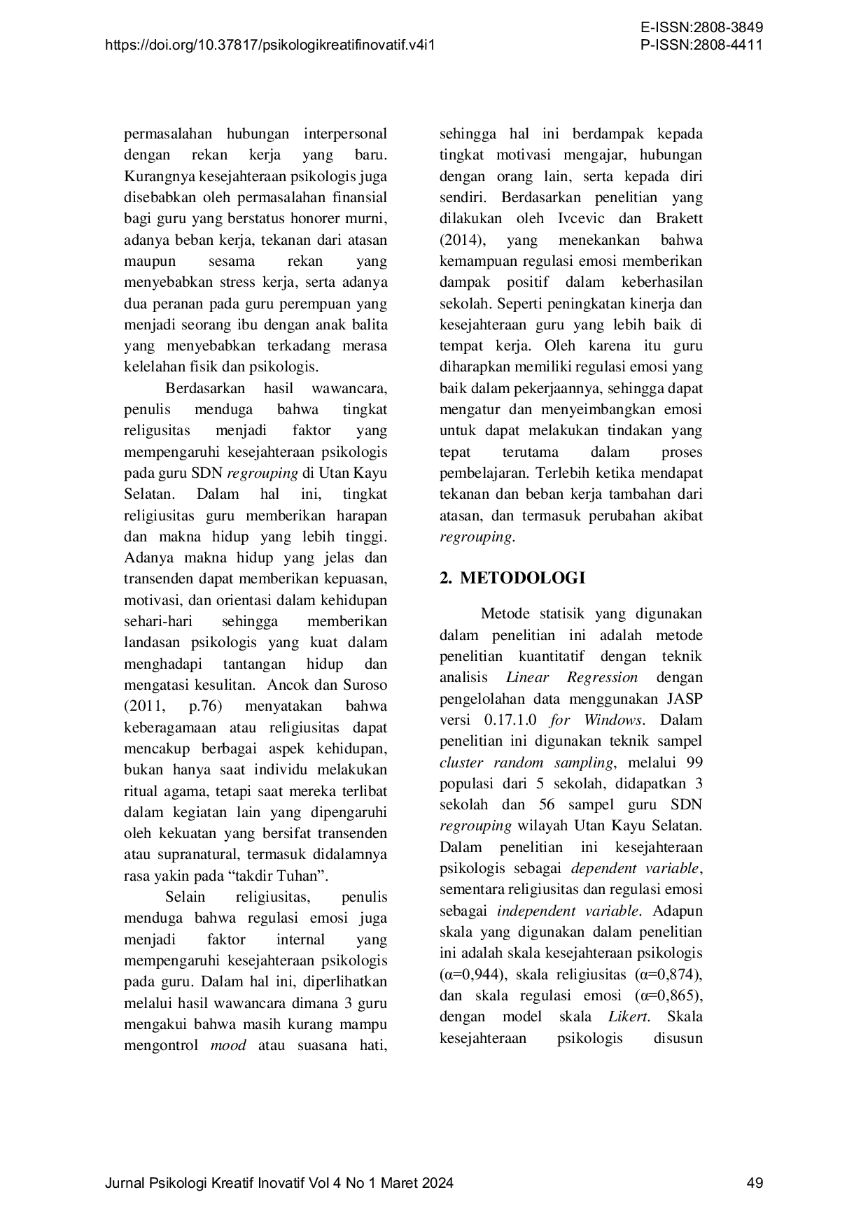 JURIS Pengaruh Religiusitas dan Regulasi Emosi Terhadap Kesejahteraan Psikologis Guru