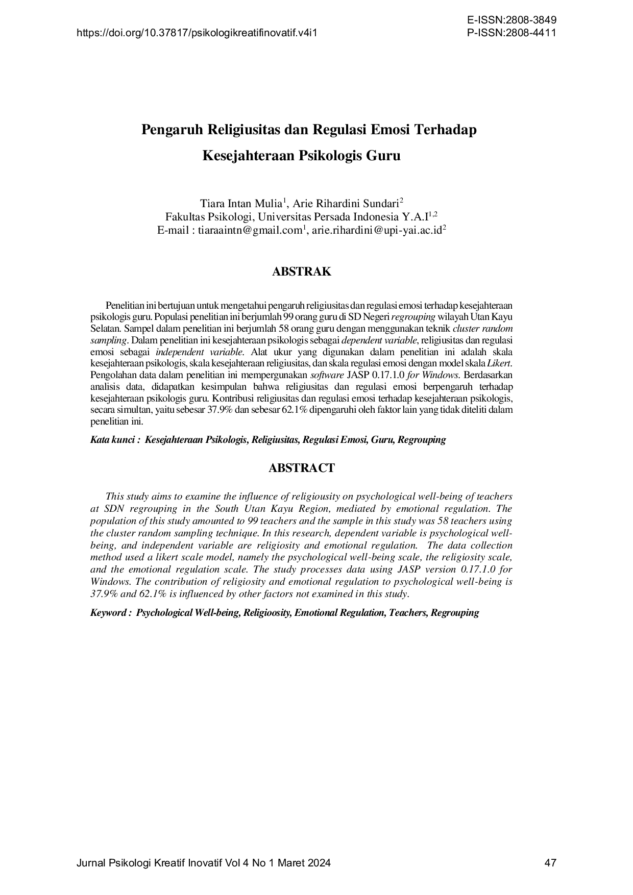 JURIS Pengaruh Religiusitas dan Regulasi Emosi Terhadap Kesejahteraan Psikologis Guru