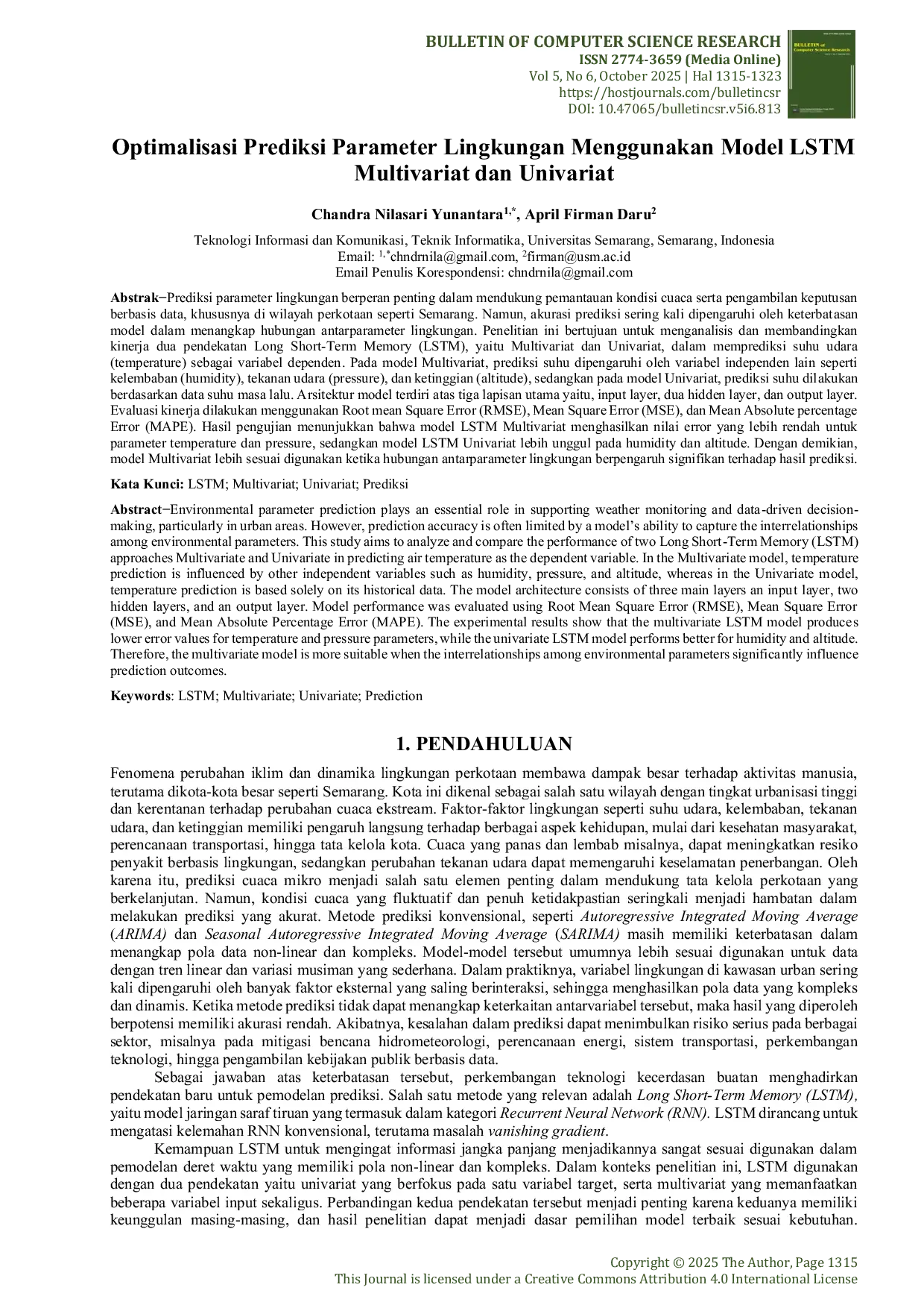 JURIS Optimalisasi Prediksi Parameter Lingkungan Menggunakan Model LSTM Multivariat dan Univariat