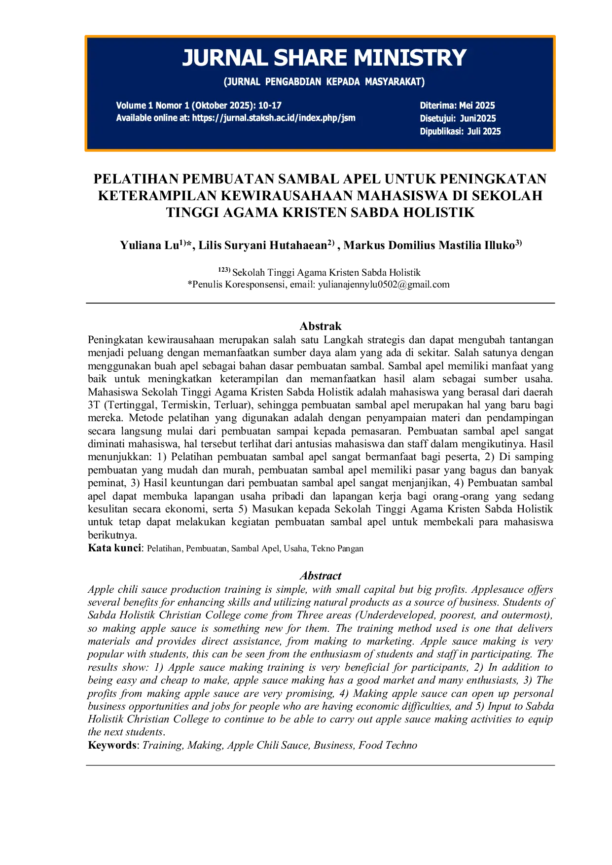 JURIS Pelatihan Pembuatan Sambal Apel Untuk Peningkatan Keterampilan Kewirausahaan Mahasiswa Di Sekolah Tinggi Agama Kristen Sabda Holistik