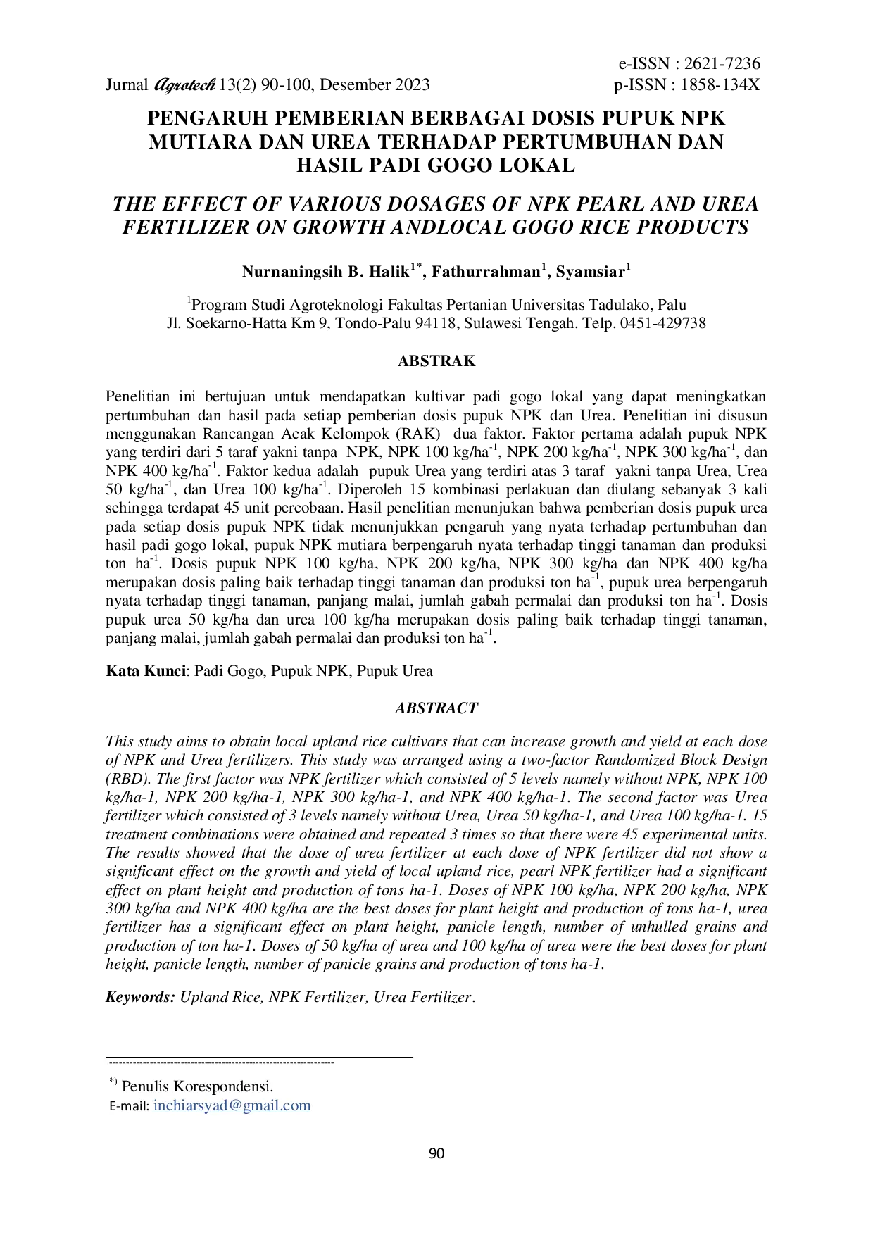 JURIS Pengaruh Pemberian Berbagai Dosis Pupuk NPK Mutiara Dan Urea Terhadap Pertumbuhan Dan Hasil Padi Gogo Lokal