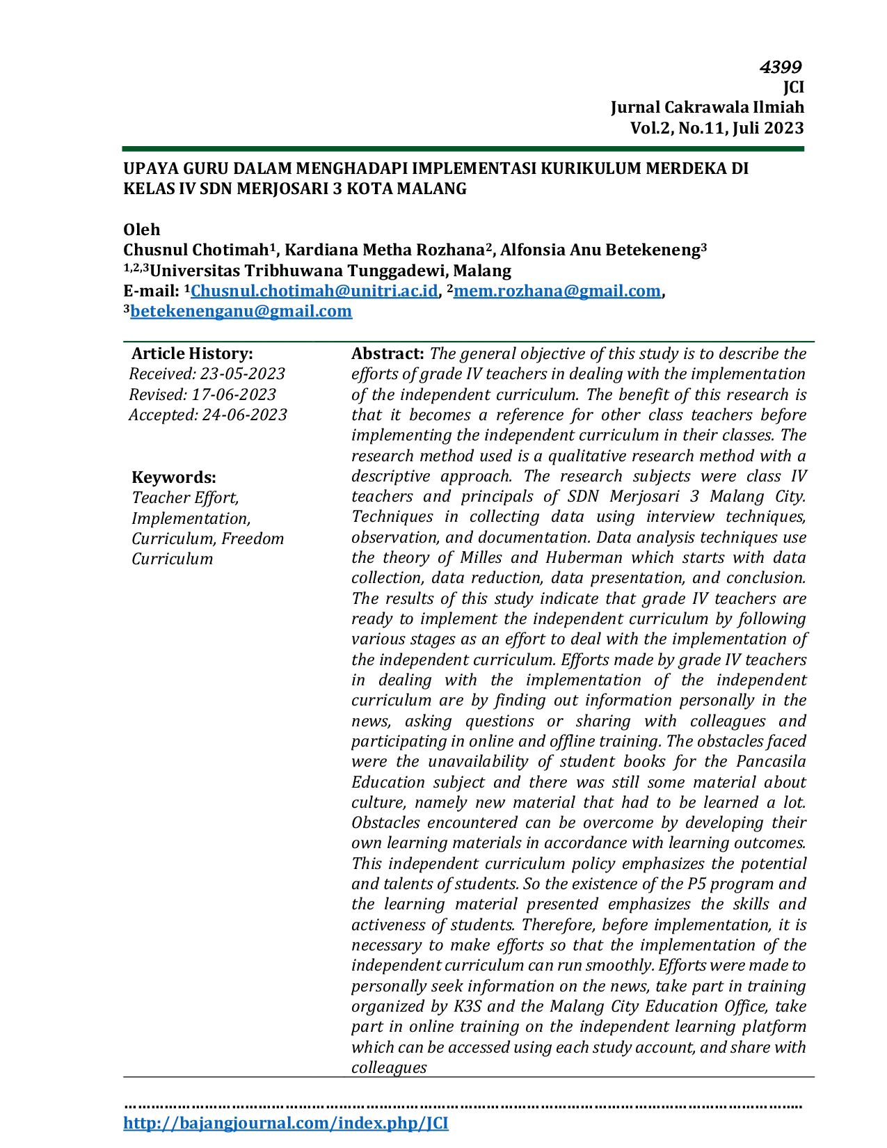 JURIS Upaya Guru Dalam Menghadapi Implementasi Kurikulum Merdeka di Kelas IV SDN Merjosari 3 Kota Malang