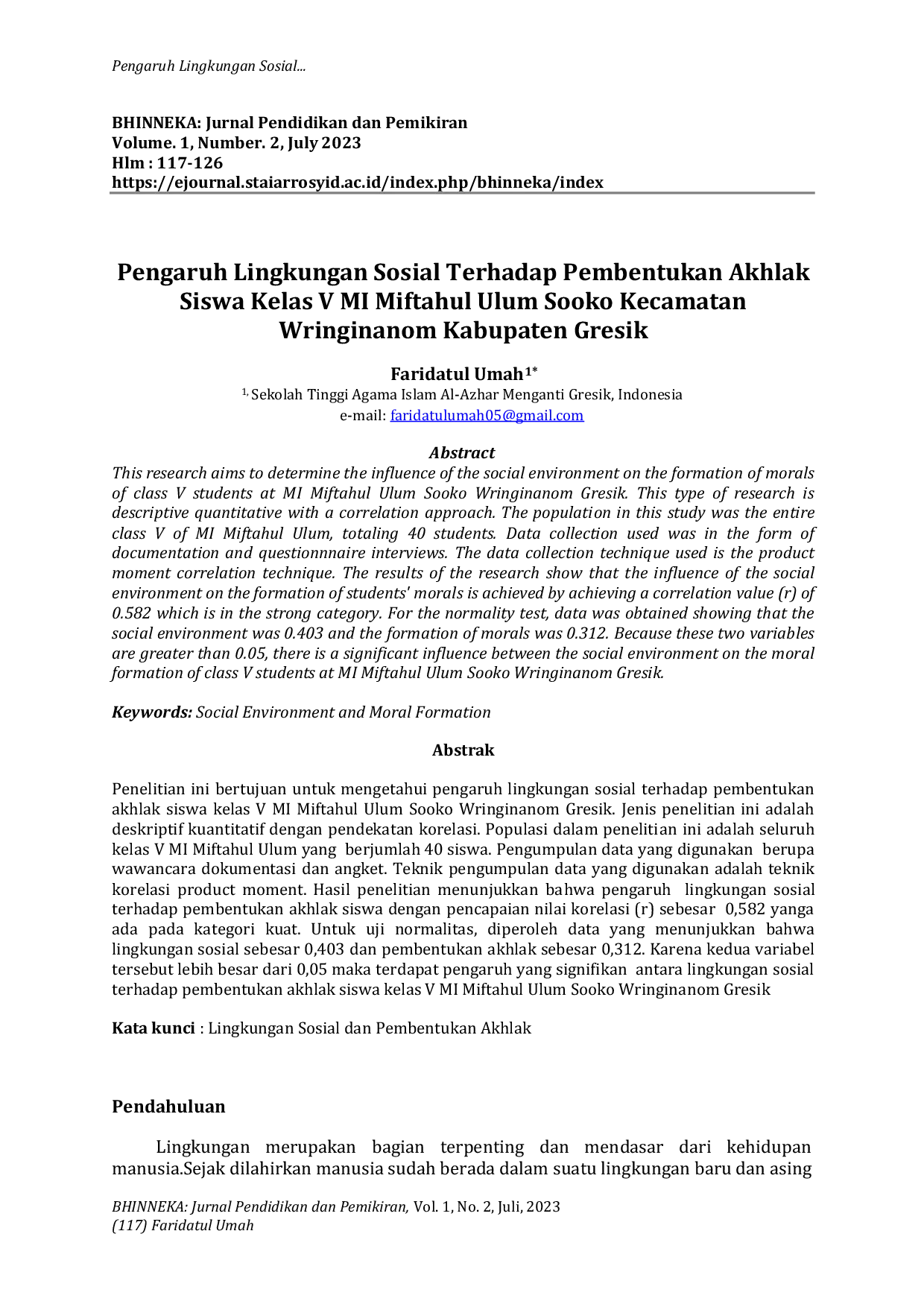JURIS Pengaruh Lingkungan Sosial Terhadap Pembentukan Akhlak Siswa Kelas V MI Miftahul Ulum Sooko Kecamatan Wringinanom Kabupaten Gresik
