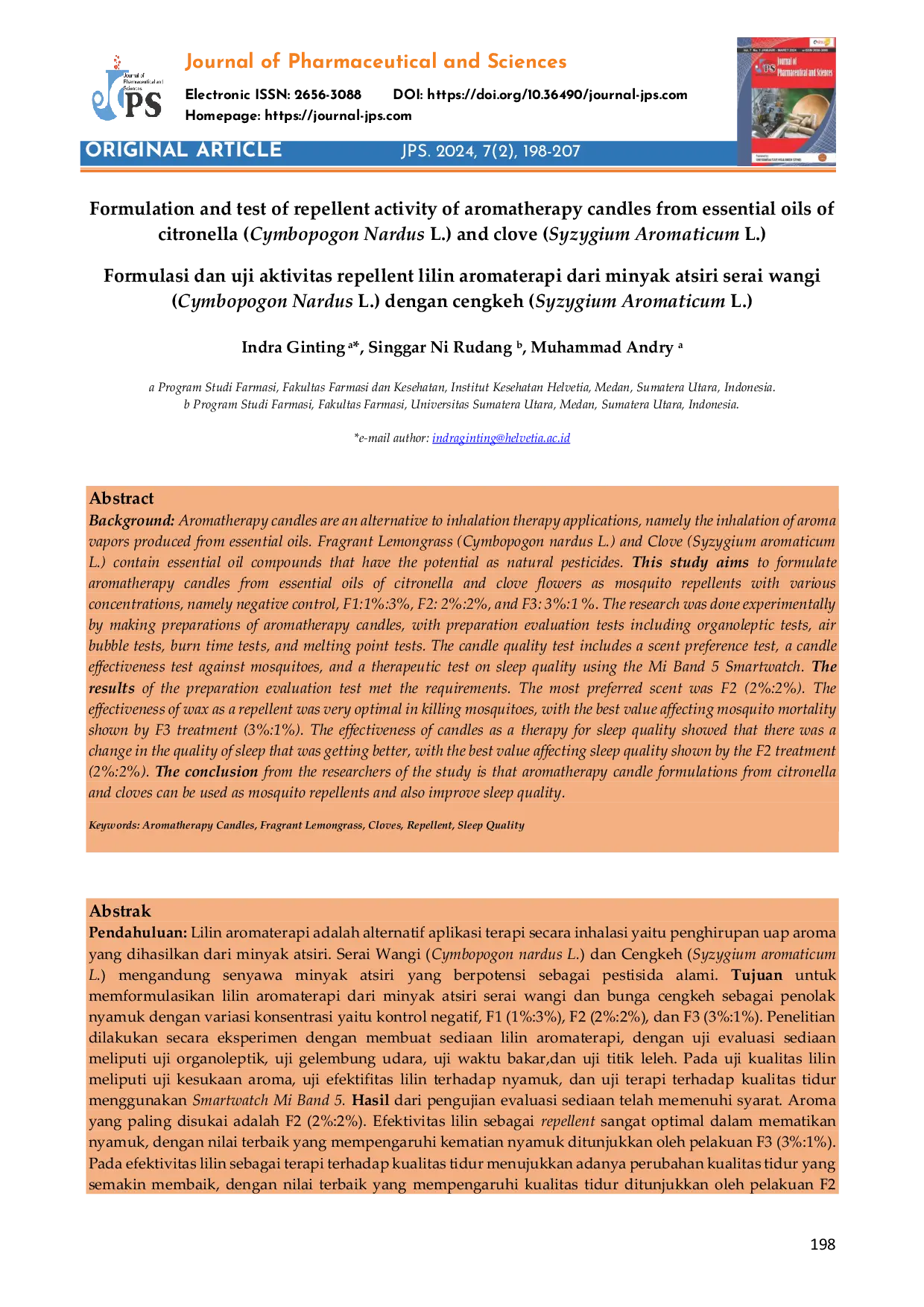 JURIS Formulasi dan uji aktivitas repellent lilin aromaterapi dari minyak atsiri serai wangi Cymbopogon Nardus L dengan cengkeh Syzygium Aromaticum L
