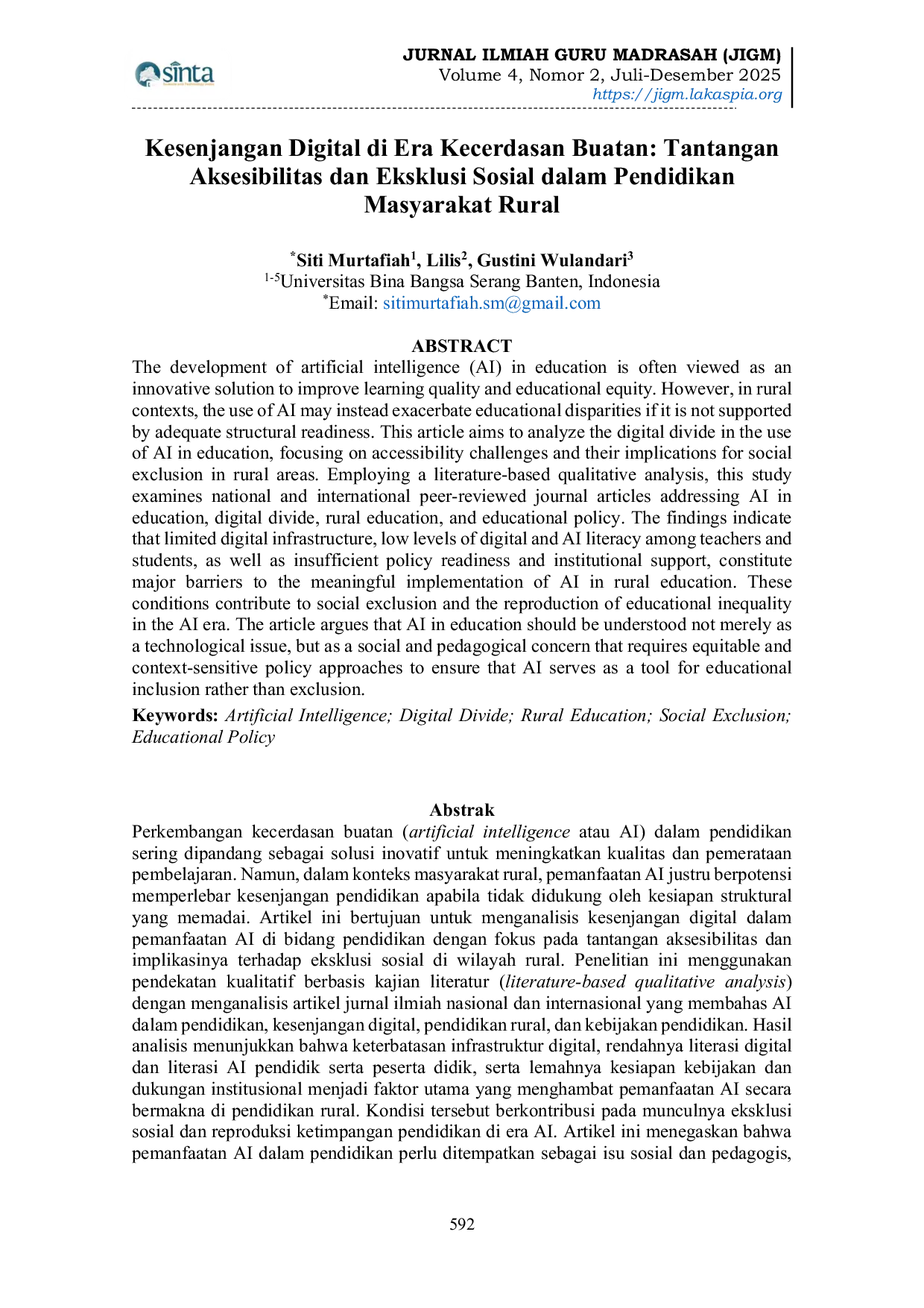 JURIS Kesenjangan Digital di Era Kecerdasan Buatan Tantangan Aksesibilitas dan Eksklusi Sosial dalam Pendidikan Masyarakat Rural