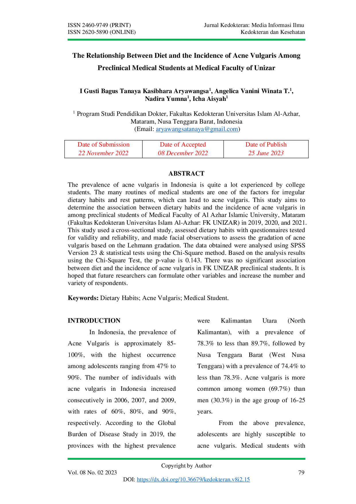 JURIS The Relationship Between Diet and the Incidence of Acne Vulgaris Among Preclinical Medical Students at Medical Faculty of Unizar