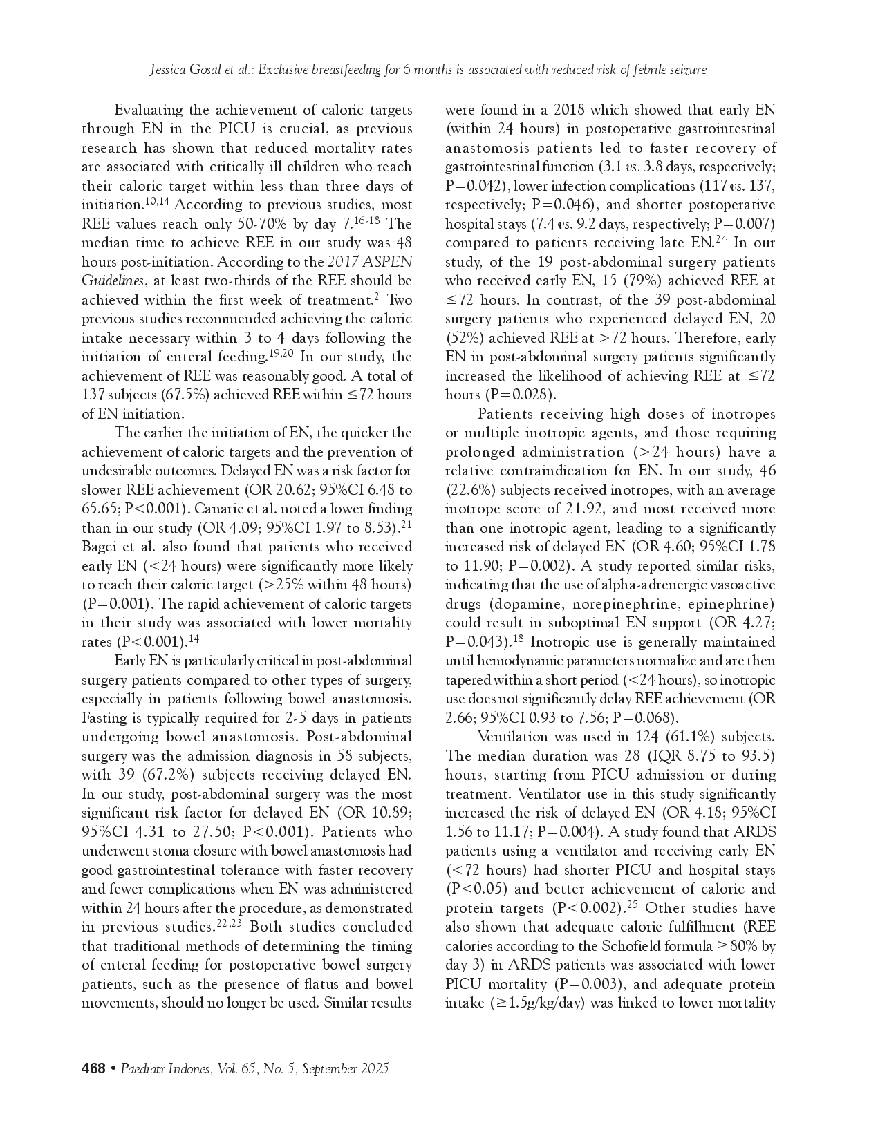 juris Early enteral nutrition administration and time to achieve resting energy expenditure in critically ill children